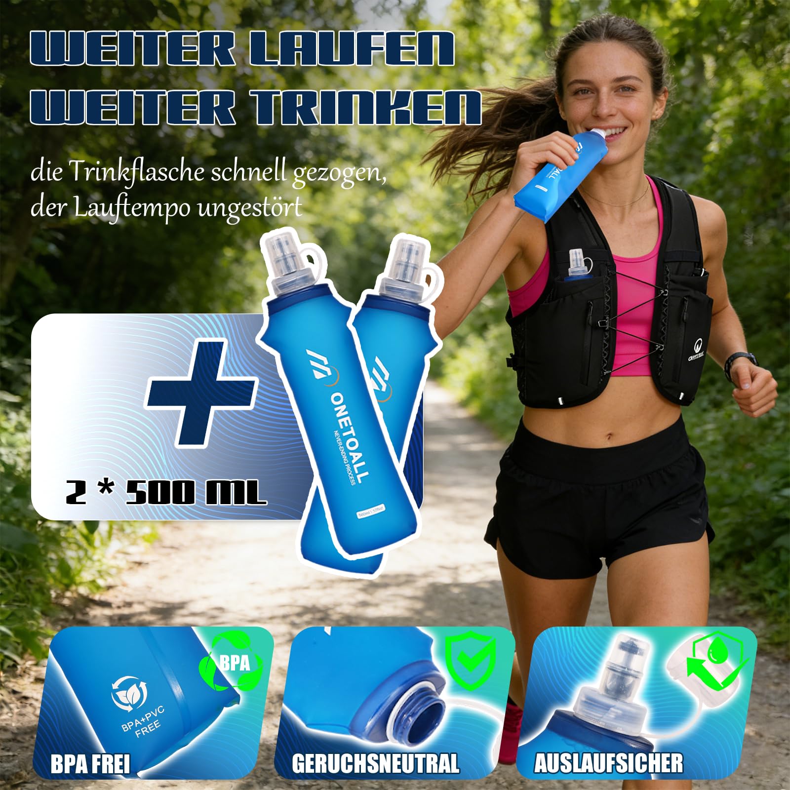 Laufweste Damen und Herren mit Zwei Trinkflaschen Verstellbarer Trinkrucksack mit Lauflicht für Nachtläufe Atmungsaktive Running Vest für Laufen Wandern Joggen Trailrunning
