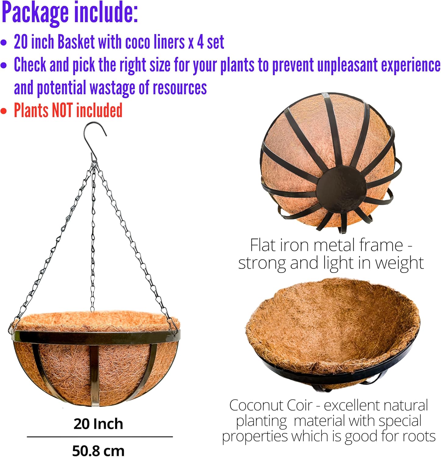 LaLaGreen Outdoor Hanging Baskets for Plants (4 Pack, 20 Inch) Extra Large Black Metal Flat Iron Hanging Planter with Coco Liner Round Flower Pot Holder Deck Porch Modern Garden Balcony Rustic Decor