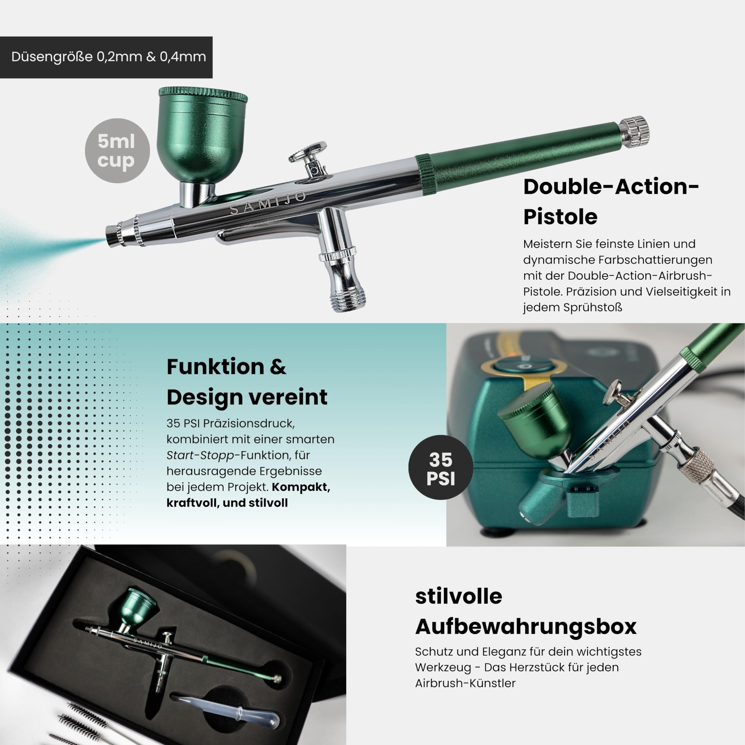 SAMIJO Airbrush Set mit Kompressor, leise, kompakt, vielseitig, Airbrush-Set für Einsteiger, inkl. [DIY SCHABLONEN] Dein Komplettset für Modellbau, Haut, Nails und vieles mehr, eisgrün
