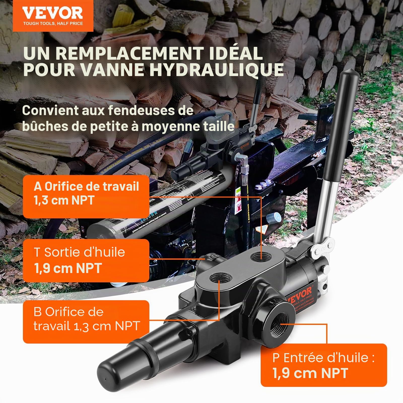 VEVOR Valve de Fendeuse de Bûches Hydraulique 1 Bobine, Vanne de Commande Directionnelle Hydraulique Débit de 95 L/min, Valve de Chargeuse Hydraulique 3626 PSI, pour Petits Tracteurs, Chargeuses