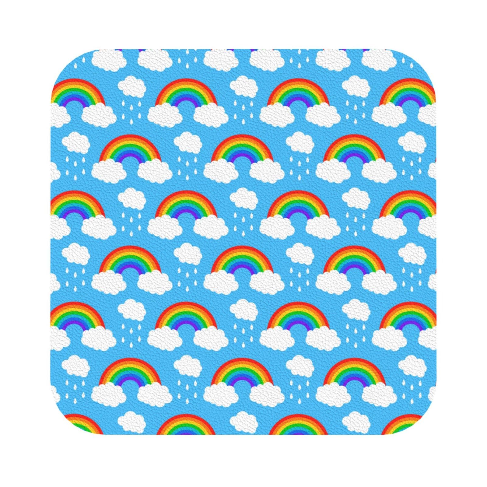Rainbow Clouds Raindrop PU Leather Coasters Set of 6 Square Drink Coasters