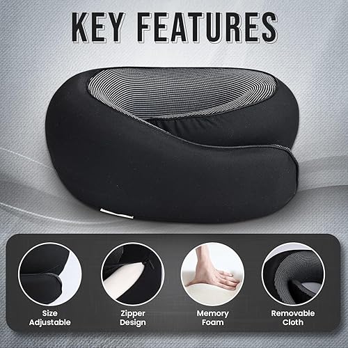 Miniatura 2 de Almohada cervical de viaje para avión, suave en forma de U para niños y adultos, cojín con funda lavable y bolsa de transporte portátil, (negro)