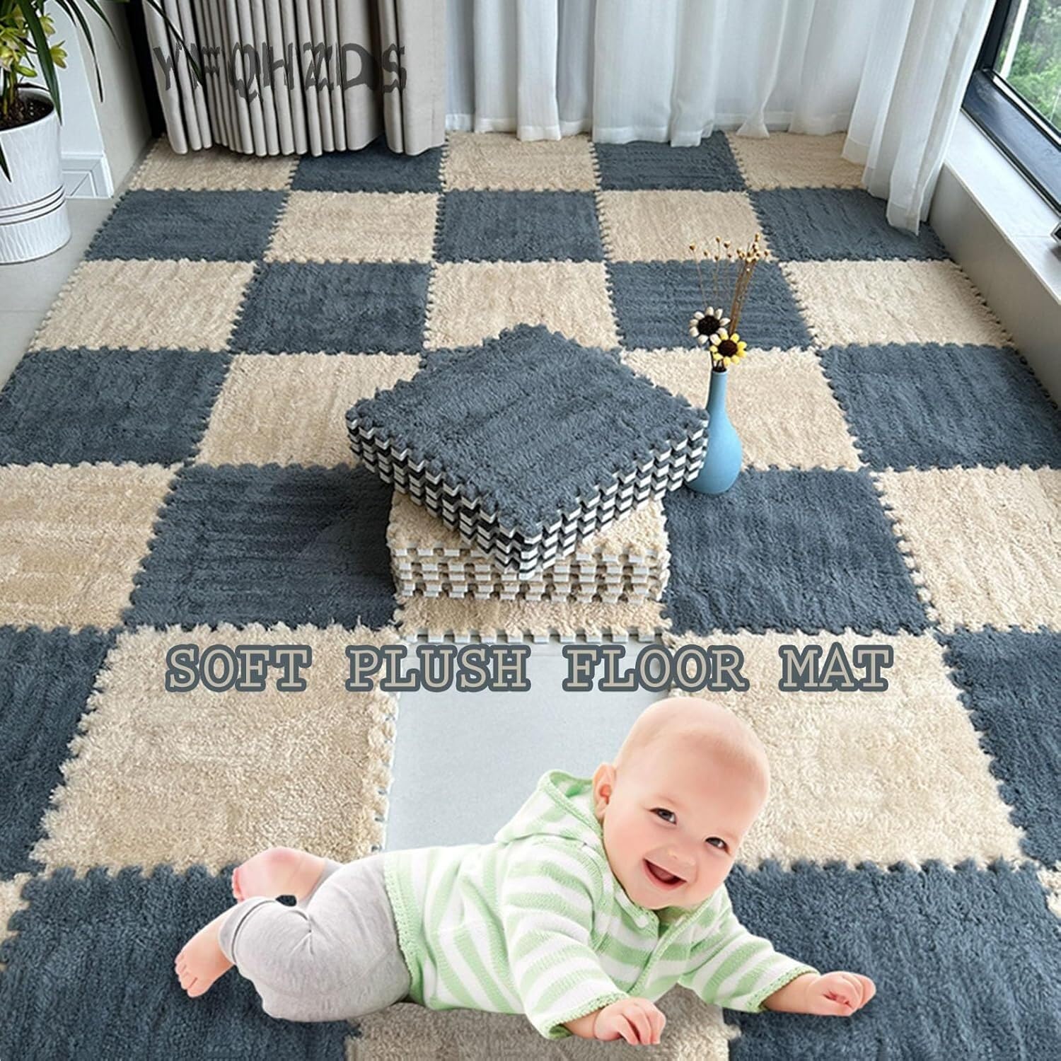Packung mit 24 ineinander greifenden Plüschschaumstoffmatten, quadratische Bodenpuzzle-Schaumstoffmatten(White+Pink+Gray,30x30x0.6cm)