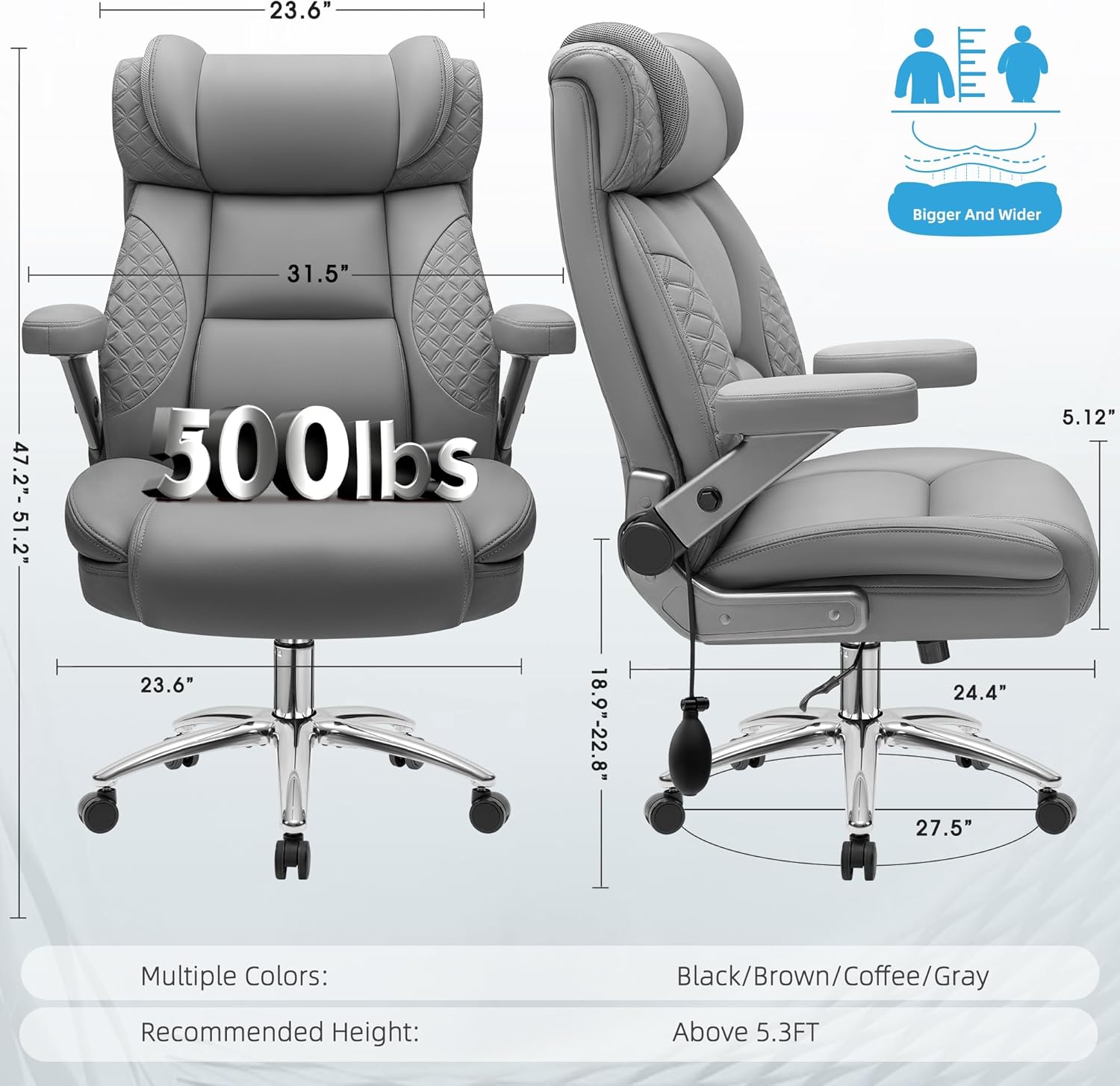 Diagram showing detailed dimensions and 500 lbs weight capacity of the office chair
