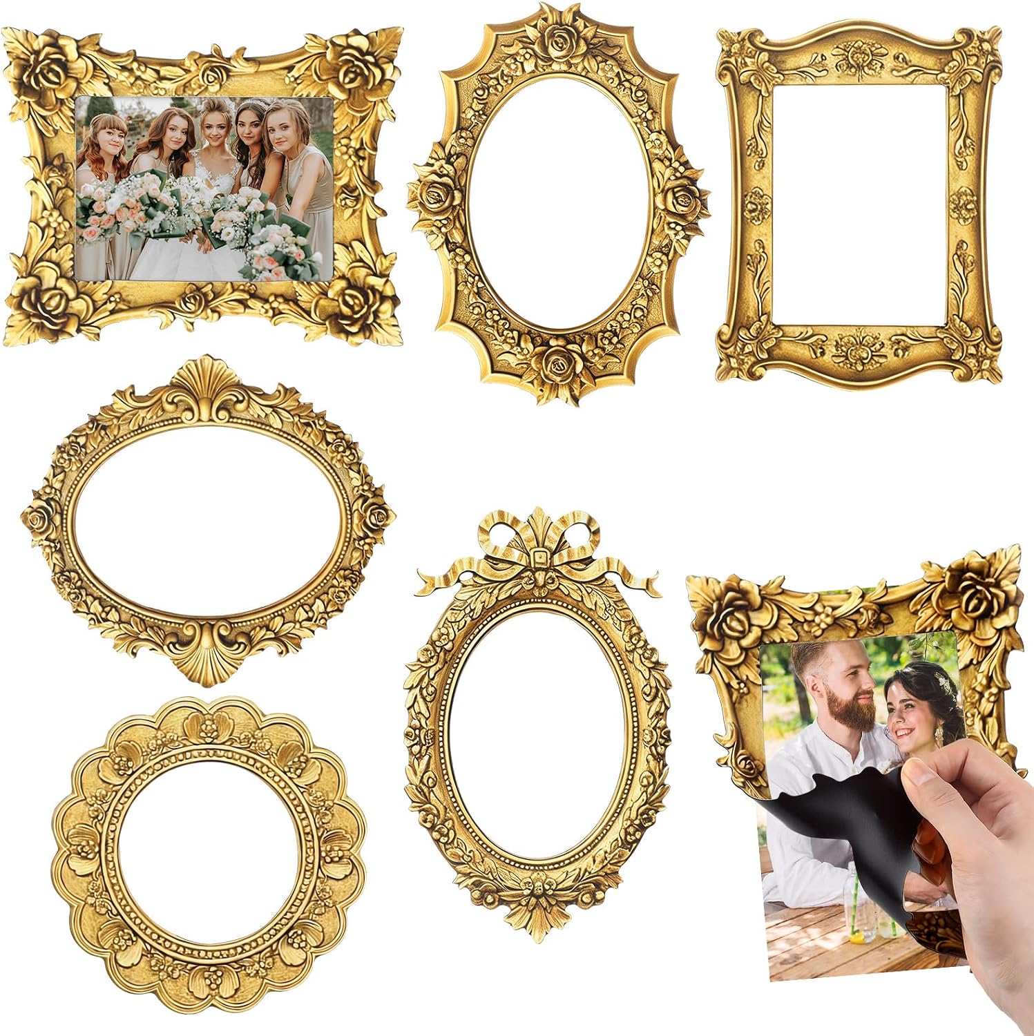 Gerrii 6 Pcs Vintage Magnetic Photo Frames for Refrigerator, Gold