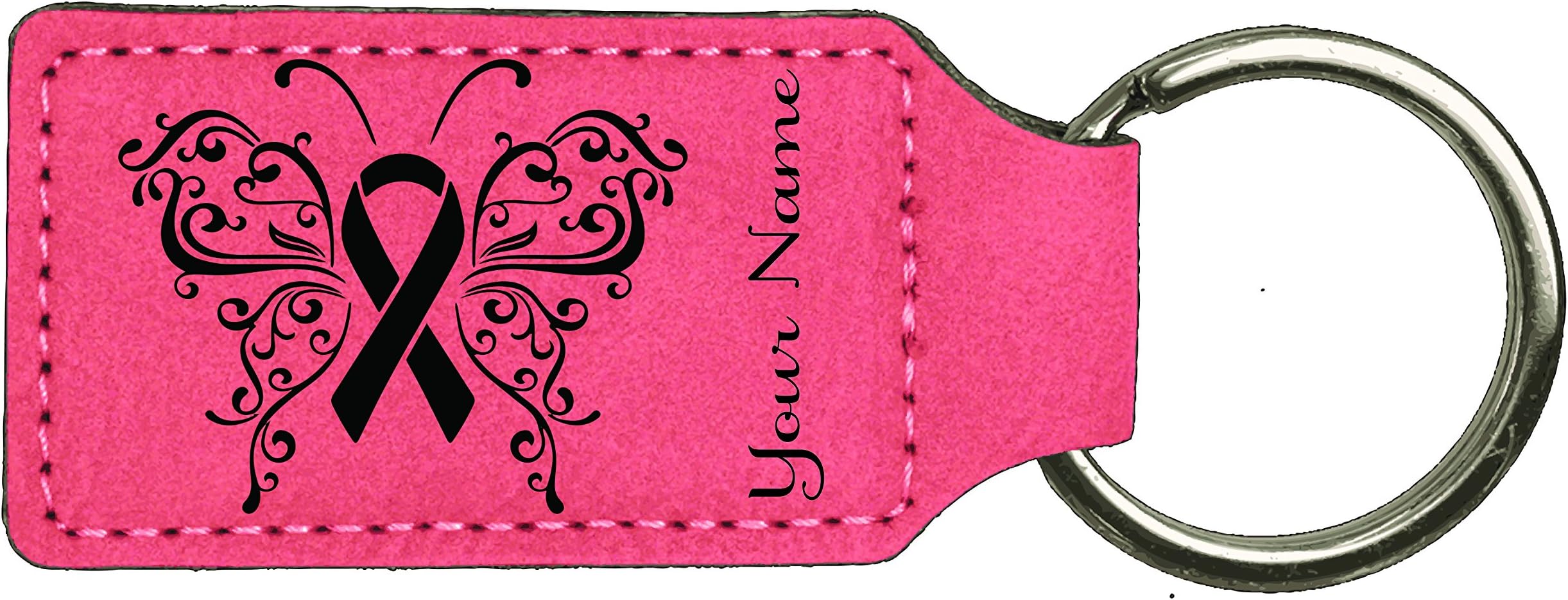 Engraved Personalized Pink Leatherette Pink Ribbon Awareness Key Chain with Your Name