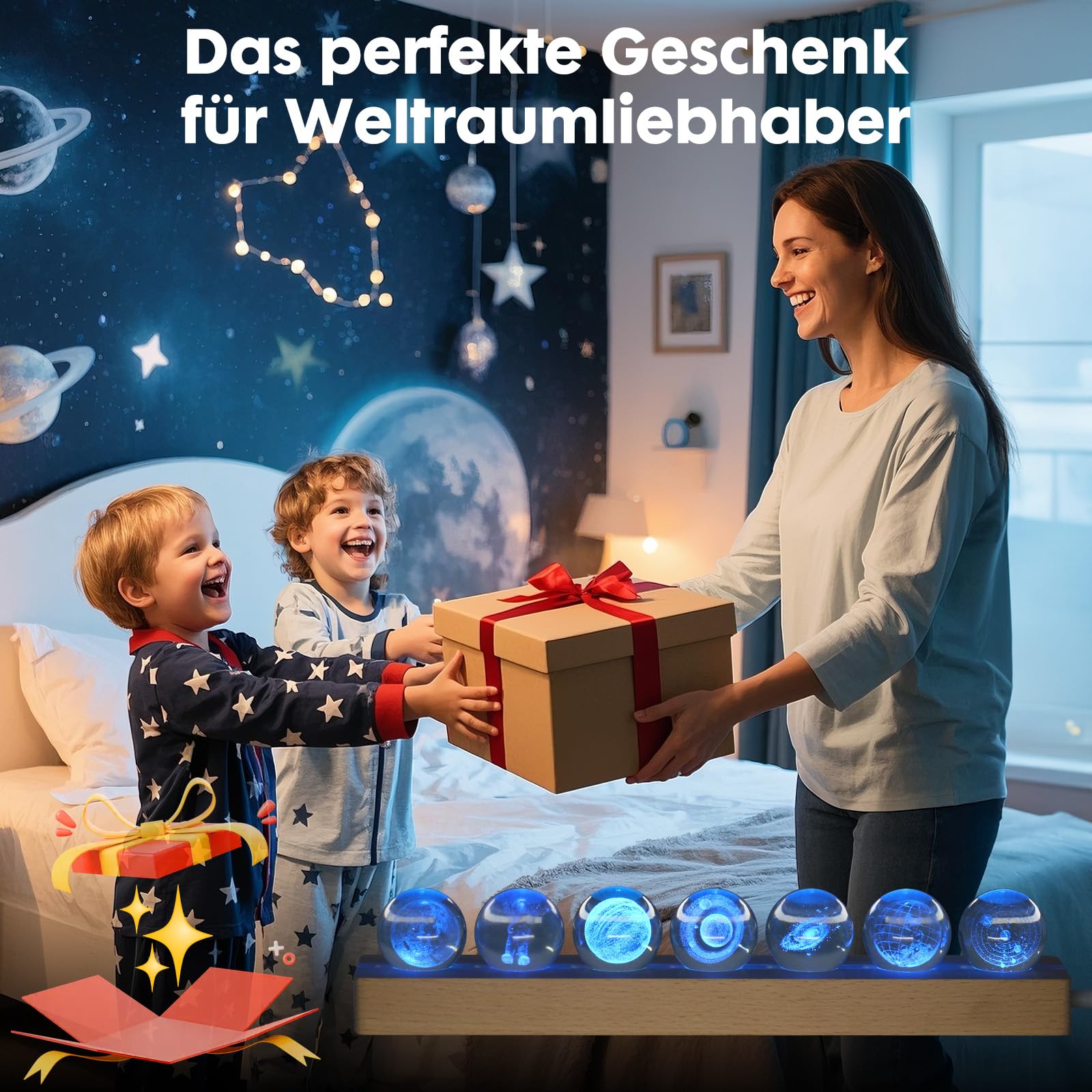 OXYEFEI Lámpara de planeta 3D, 7 patrones diferentes de bola de cristal, luz nocturna para decoración de habitaciones, bola de cristal de 40 mm con base de madera, regalo astronómico para madre, niños