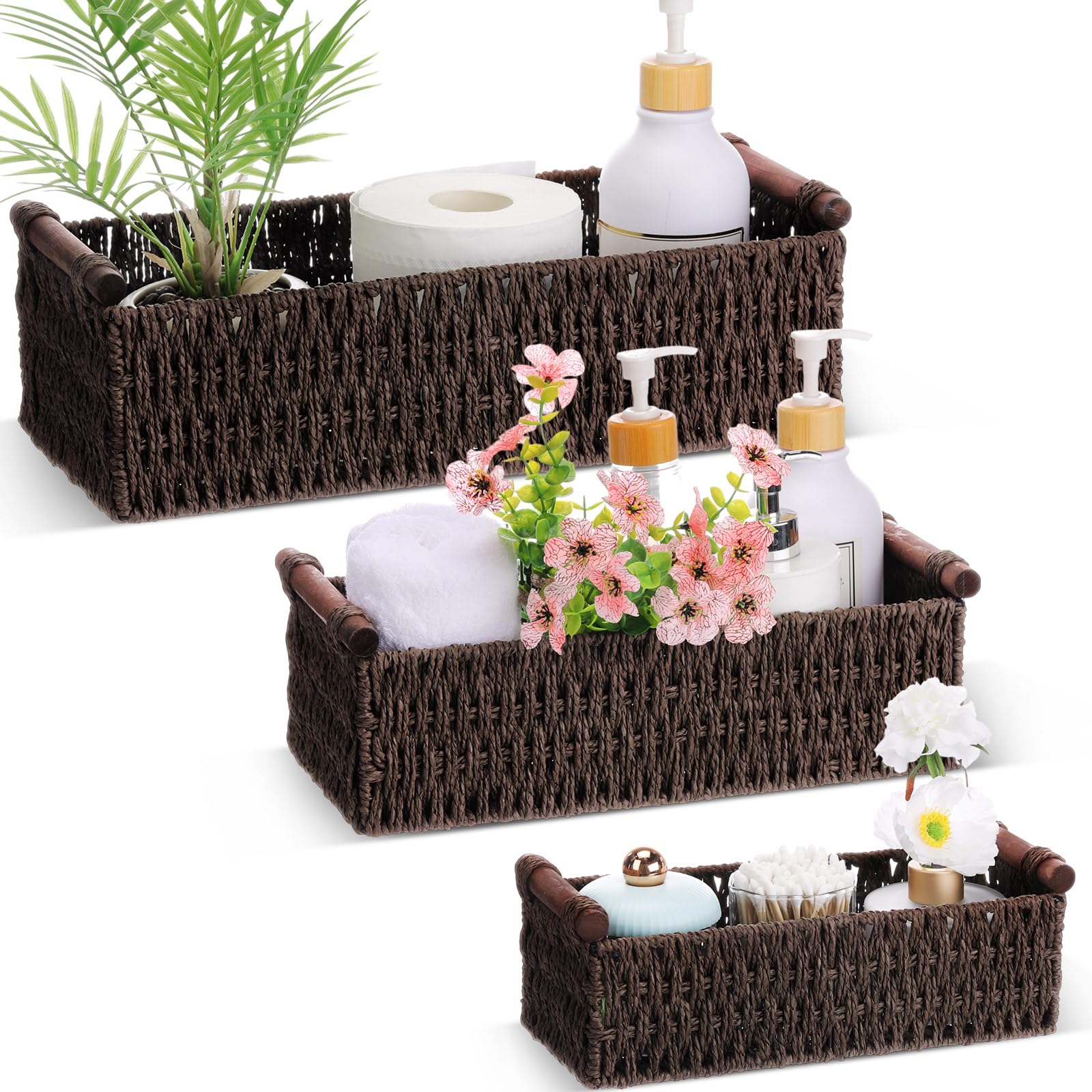 Boao 3 Pcs Boho Storage Wicker Baskets Handmade Woven Decorative Paper Rope Baskets for Organizing with Handle Countertop Toilet Paper Storage Container for Toilet Tank Top(Dark Brown,Rectangle)