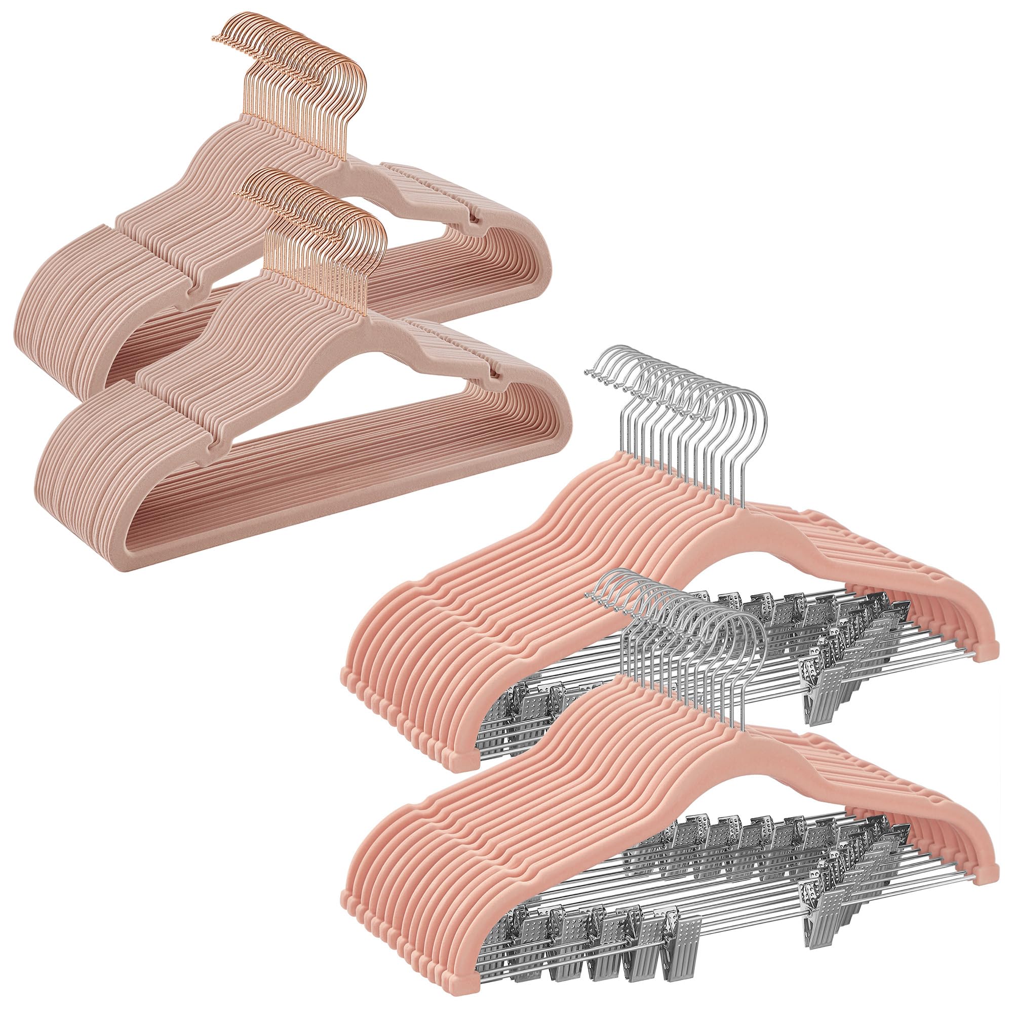 SONGMICS Coat Hangers and Pants Hangers Bundle, Set of 50 Non-Slip Velvet Hangers, Set of 30 Velvet Hangers with Adjustable Clips, Pink and Light Pink UCRF029PK05 and UCRF12PK30