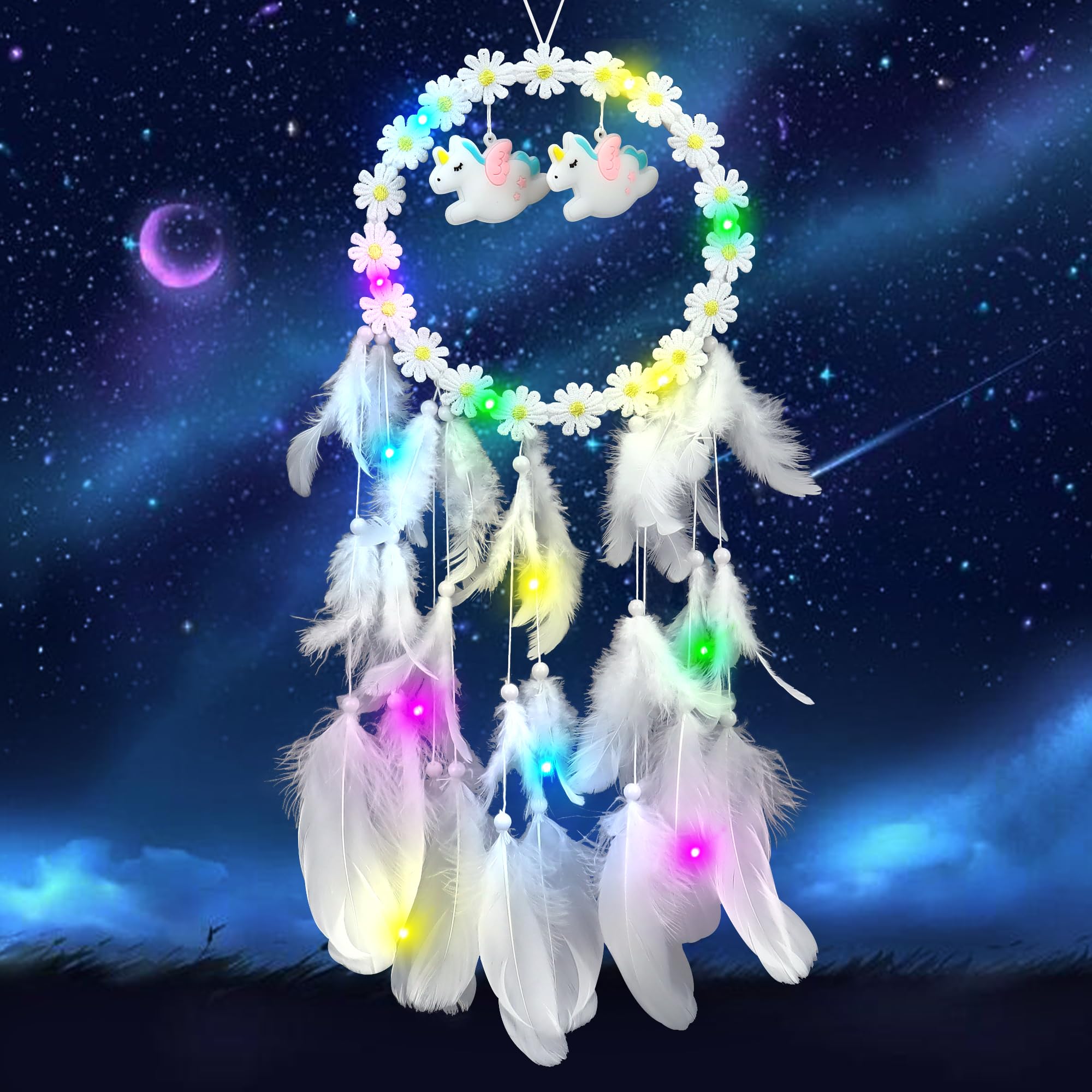 Unicorn Dream Catcher with LED Light, Dream Catcher for Girls, Handmade Feather Hanging Dreamcatcher Dream Catchers for Bedroom kids Nursery Wall Decoration Ornaments Craft Gift