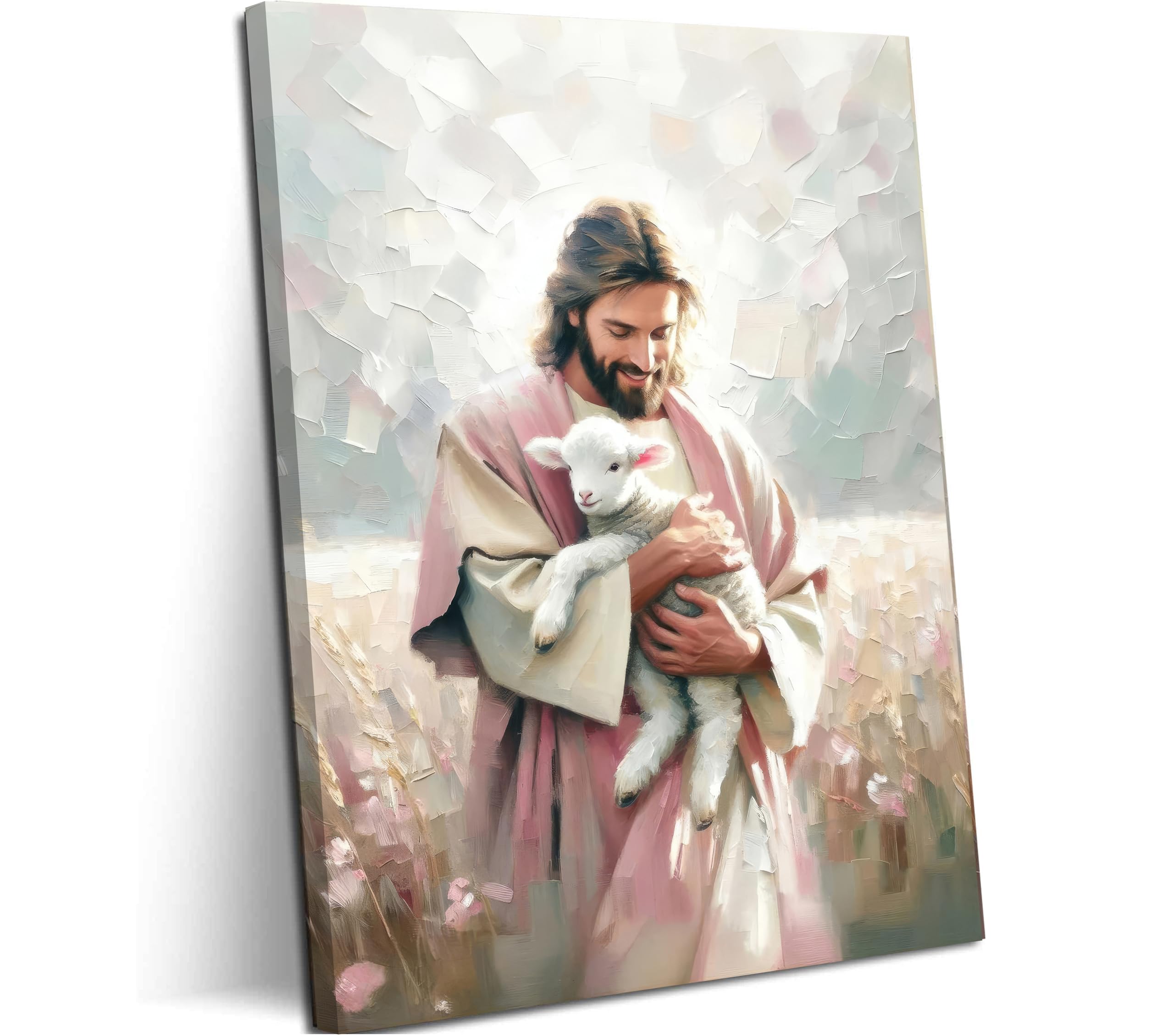 Christian Wall Art Jesus Holding Lost Lamb Pink Painting Pictures Jesus Saves Lamb Wall Decor Leaving 99 Sheep Religious Poster Prints for Bedroom Living Room Prayer Room Church Home Decoration-image-9