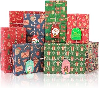 12 Sheets Christmas Wrapping Paper Set, Vintage Christmas Kraft Gift Wrap Bundle with Gift Tags for Gift Wrapping, Wrapping Paper for Christmas New Year Holiday, Gift Deco, DIY, 28x20 Inches