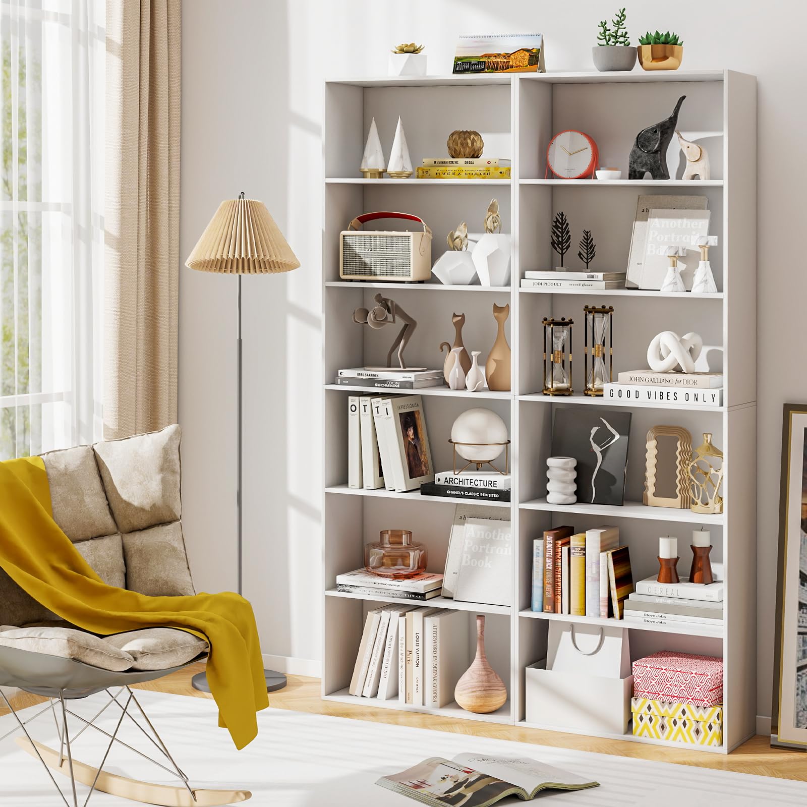 KOMFOTTEU Librería Abierta de 6 Niveles, Estantería para Libros con 2 Kits Antivuelco, Mueble de Almacenamiento de Madera, Armario para Sala de Estar, Oficina, Estudio, 60 x 24 x 178 cm (Blanco)