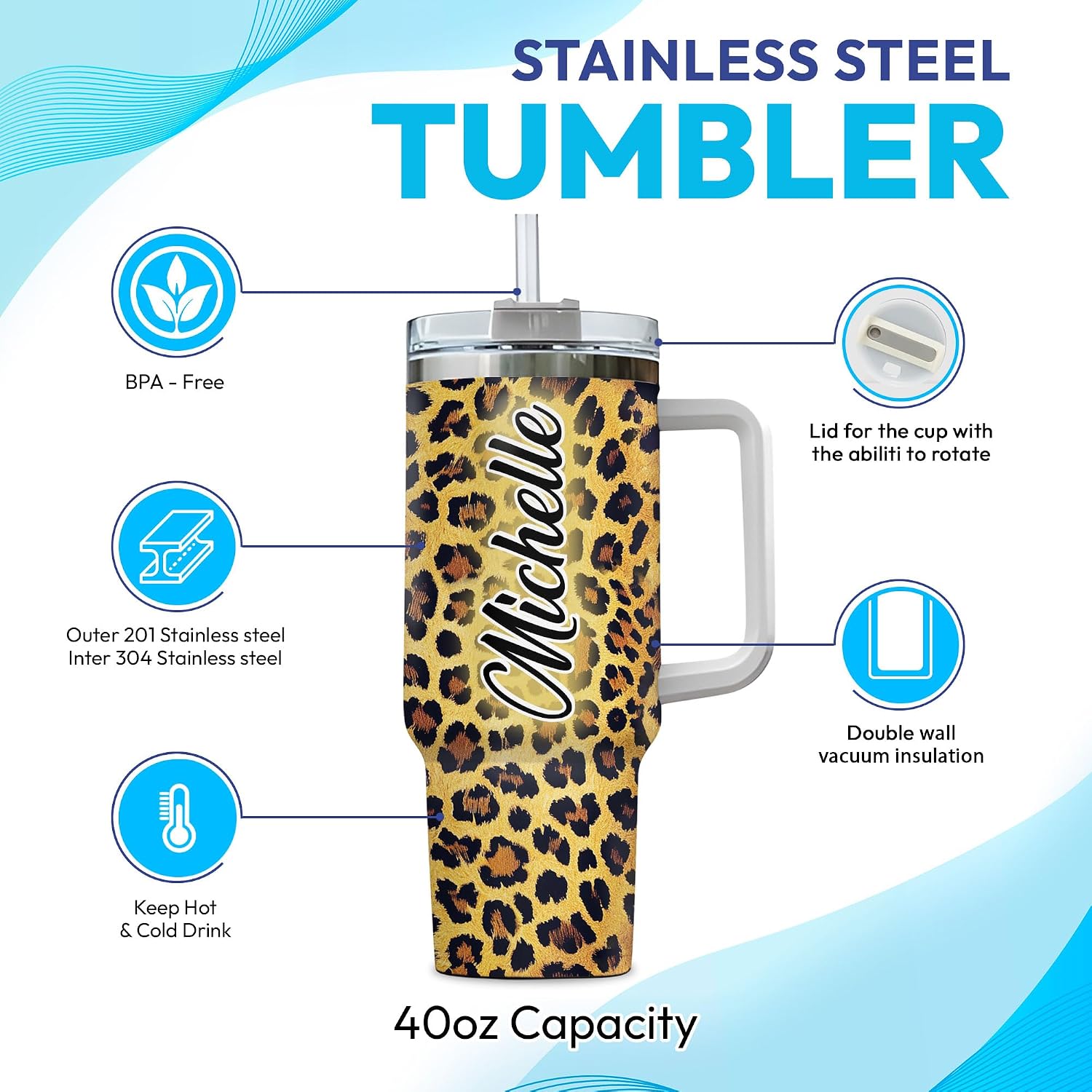 Hyturtle Personalized Leopard Print Tumbler - Cheetah Print Cups - Cheetah Print Gifts For Women - Leopard Print Travel Coffee Cup 40oz With Lid And Straw