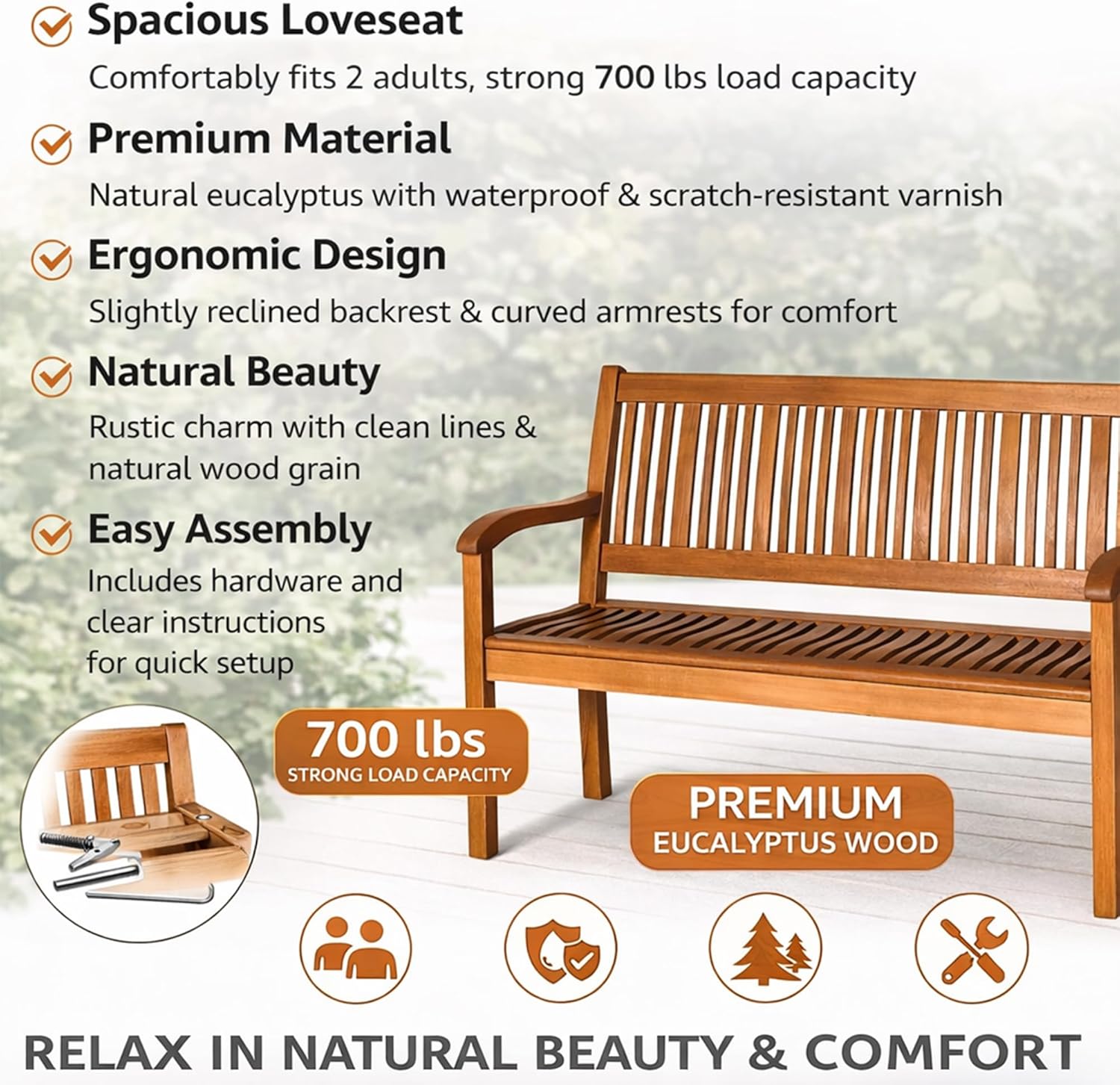 50 Inch Rectangular Outdoor Wood Bench | Eucalyptus Garden Bench with 710 lb Capacity | 2-Person Porch Loveseat with Curved Armrests & Ergonomic Backrest for Patio & Daily Use, Teak