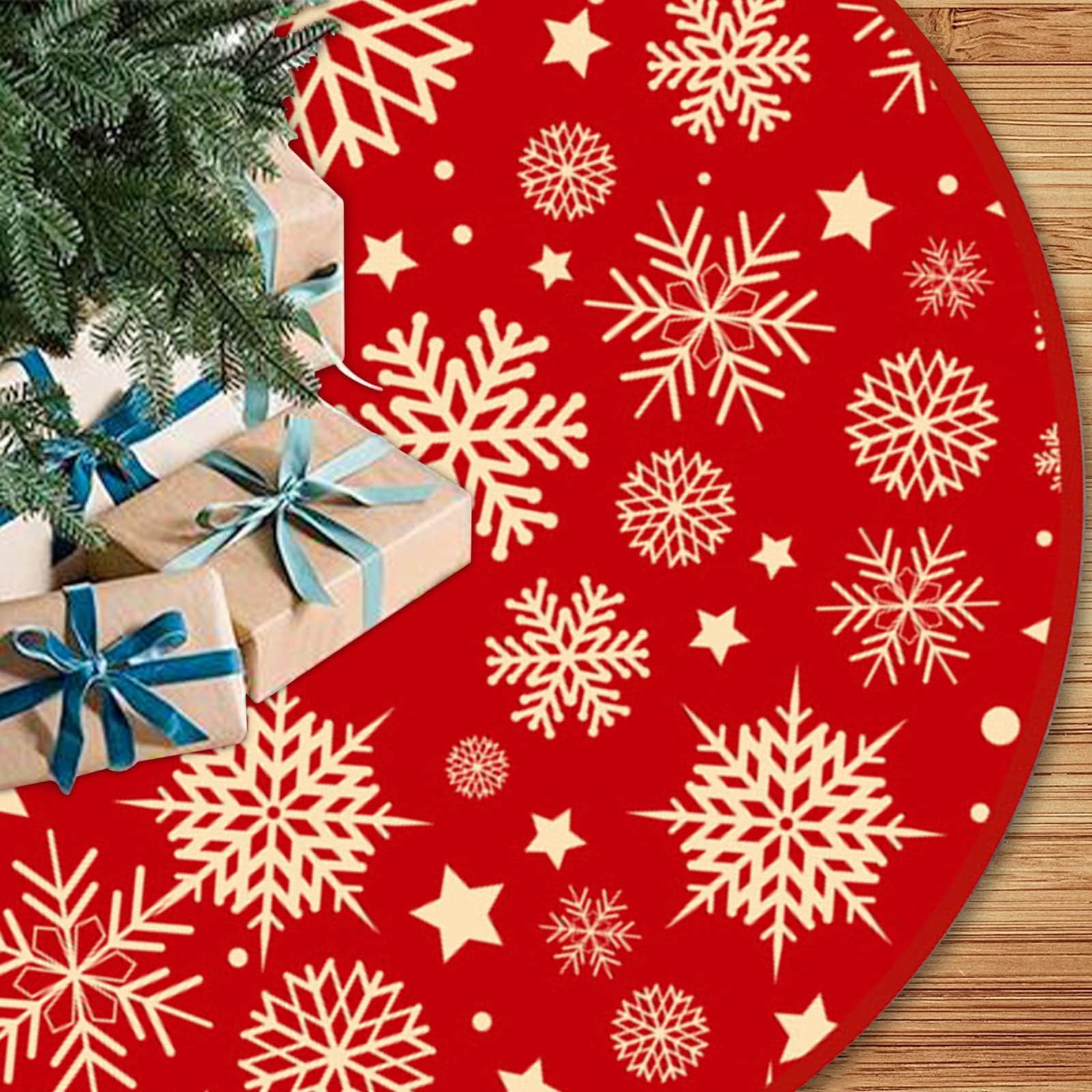 ROMUCHE Christmas Tree Skirt 36/48 Inches Red Tree Skirt Buffalo Plaid Christmas Decorations for Tree for Farmhouse Christmas Holiday Party (Red-Snowflakes, 36")
