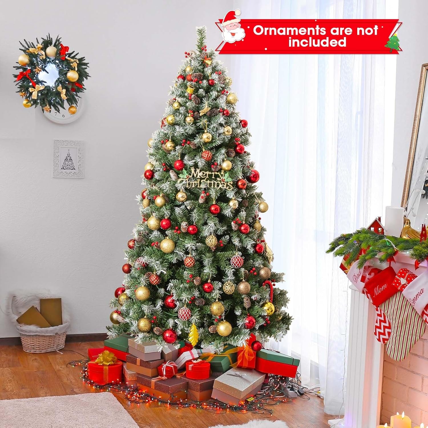 DORTALA Pre-Lit Artificial Christmas Tree 6.5 FT, Hinged Xmas Tree with 420 Warm-White LED Lights, 909 Branch Tips, 207 Red Berries & 69 Pinecones, 8 Lighting Modes, for Home Office Party