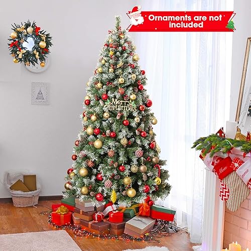 Miniatura 8 de GOFLAME Árbol de Navidad preiluminado de 6.5 pies, árbol de Navidad con bisagras con 909 puntas de ramas de PVC, 420 luces LED, 69 conos de pino y