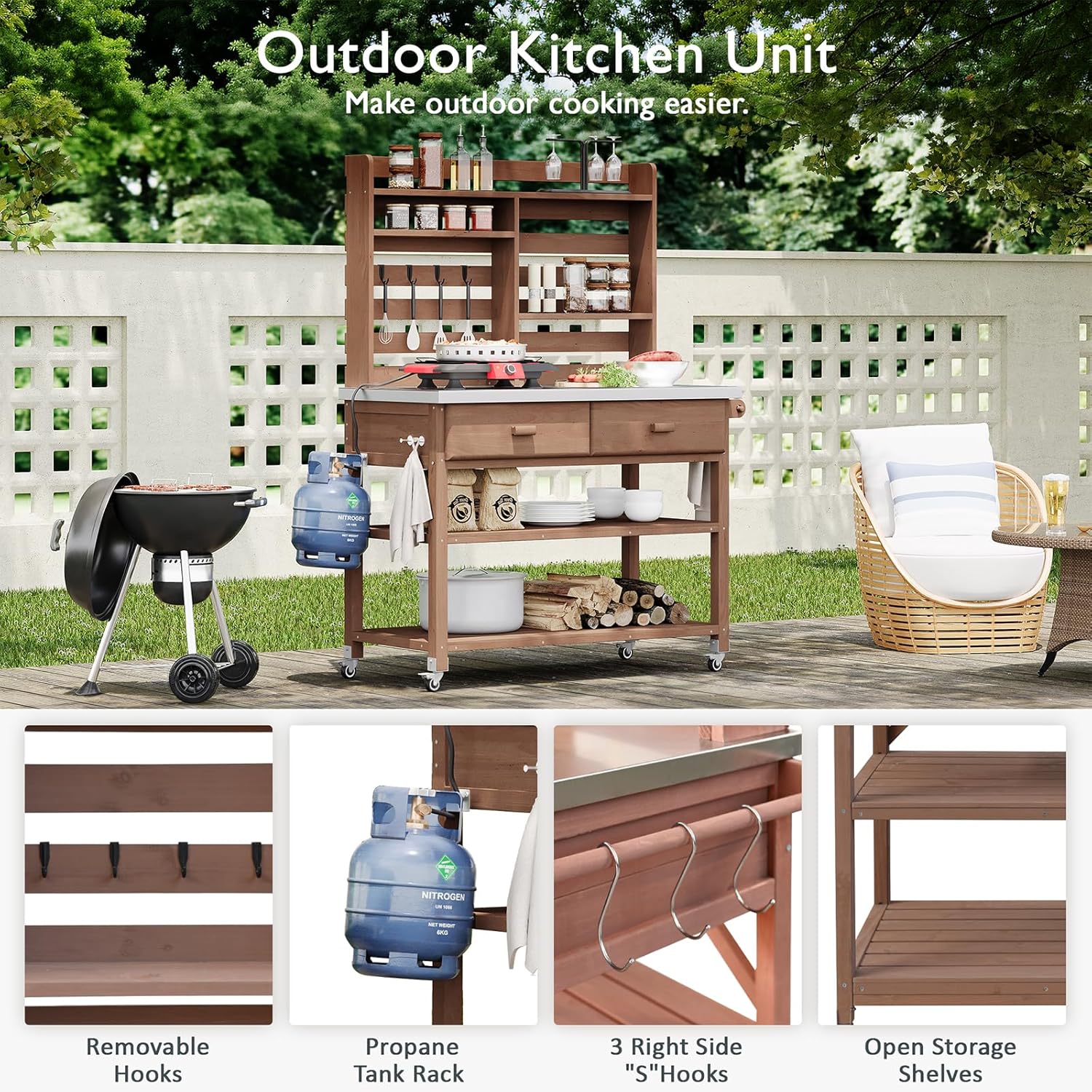 Outdoor Potting Bench Table 64.9" H with Lockable Wheels, Solid Wood Storage with Upper Hutch, Stainless Steel Top & Towel Rack for Garden, Patio, Greenhouse & Grilling,Brown