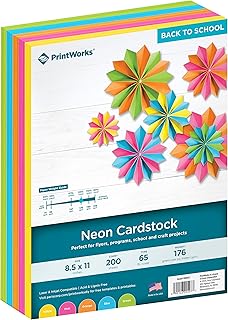 Printworks Neon Cardstock, 65 lb, 5 Assorted Florescent Colors, Perfect for School and Craft Projects, 200 Sheets, 8.5” x ...