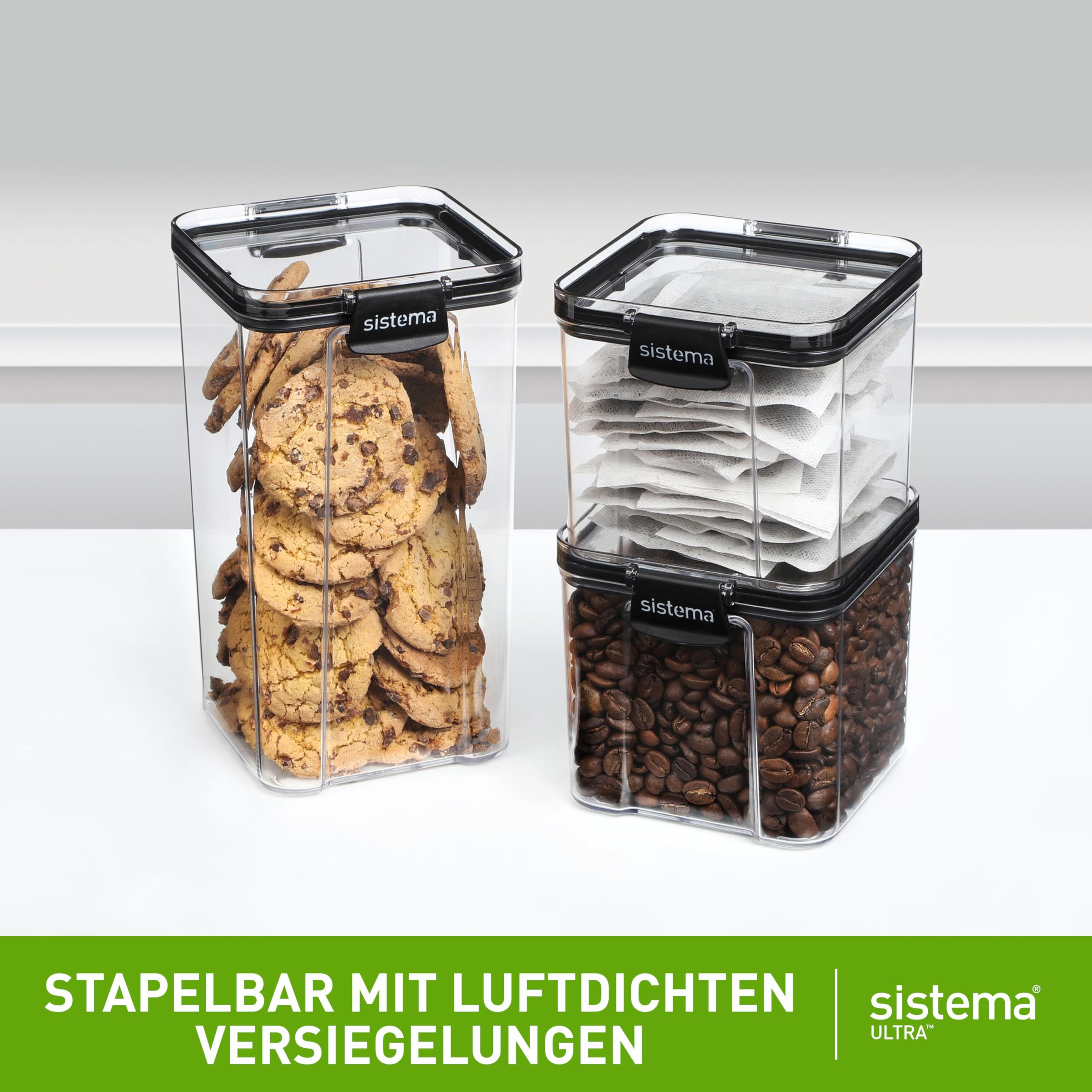 Sistema Ultra luftdichte Frischhaltedosen Quadratisch | Vorratsdosen in verschiedenen Größen | Stapelbar | Verschlussclips | BPA-frei | Transparent mit schwarzen Akzenten | 5 Stück