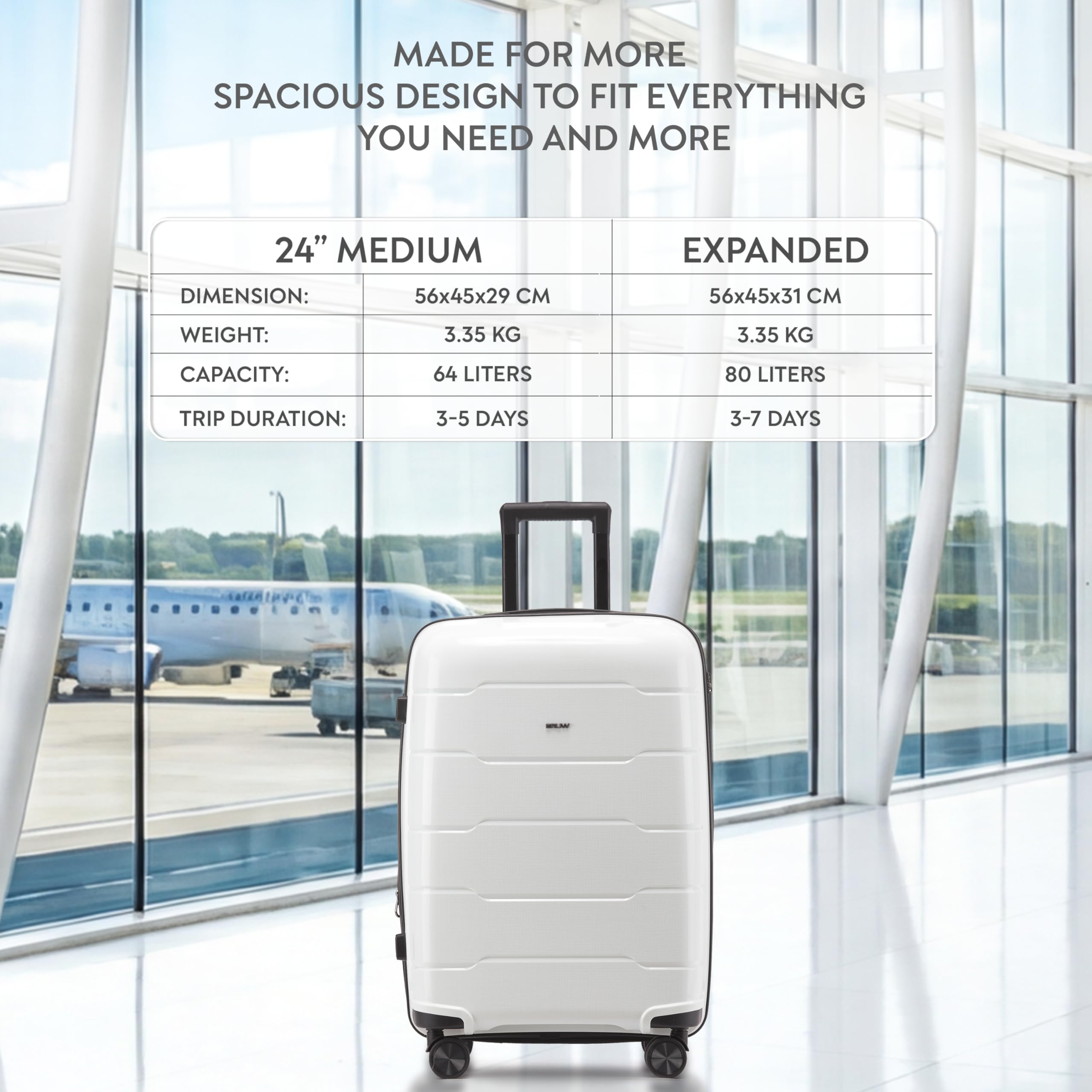 CRUW Medium 24" Checked Luggage 56x45x29cm + Expandable Hold Baggage (64/80 Liters) Polypropylene Suitcase TSA Approved Lock 8 Silent Spinner Wheels Lightweight Suitcases Airline-Approved Travel