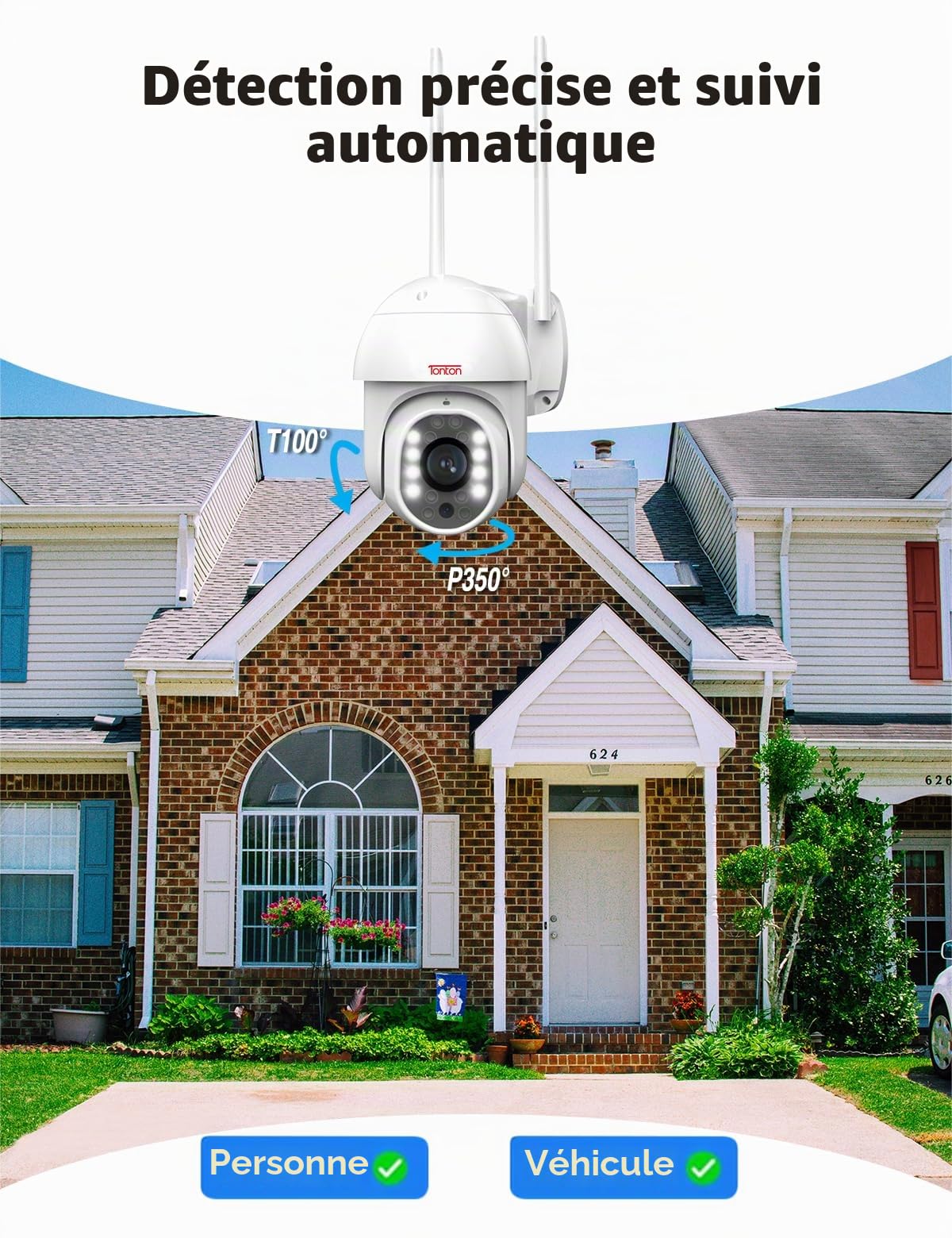 Tonton Outdoor 1080P Caméra de IP dôme PTZ WiFi, caméra IP WiFi inclinable à 350°/100°, vision nocturne couleur 30m(100 pieds), suivi automatique des personnes AI, audio bidirectionnel, vue à distance