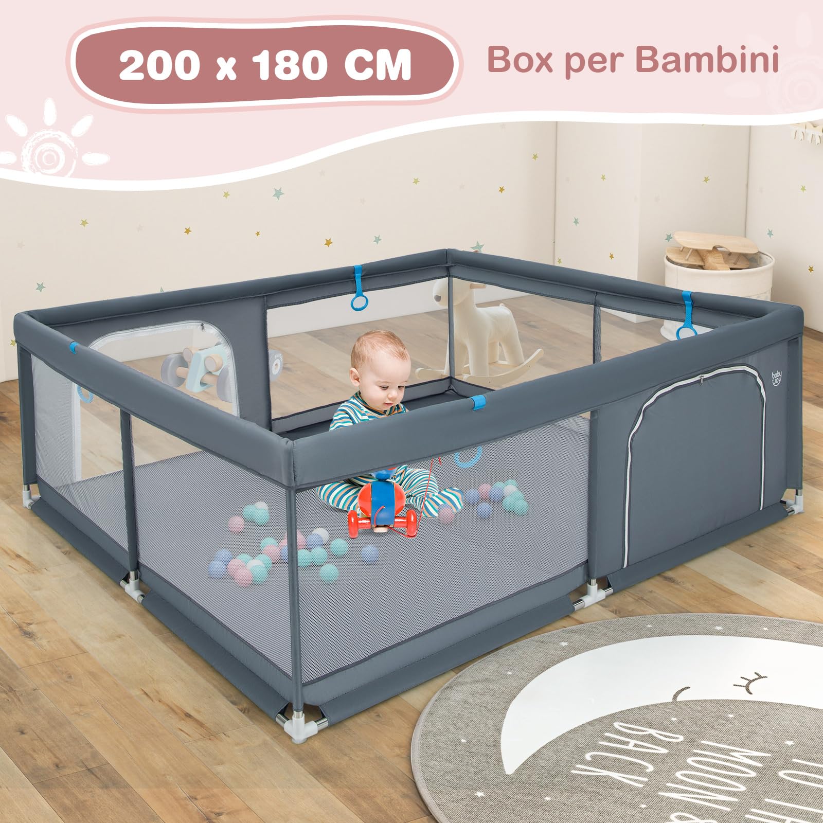 GYMAX 200 x 180 CM Recinto da Gioco per Bambini, Box per Bambini con Rete Traspirante, 50 Palline dell'Oceano e Anelli, Centro Attività con Borsa di Stoccaggio per 0-3 Anni, Blu/Verde/Grigio (Grigio)