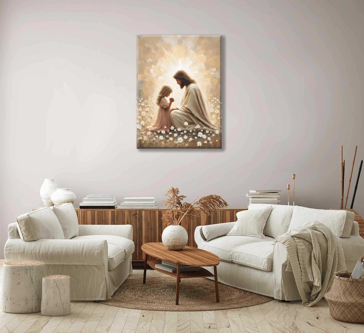 Jesus Christian Framed Canvas Wall Art Jesus And Little Girl Prayer Painting Picture Wall Decor Religious Bible Story Poster Print Artwork For Living Bedroom Room Church Home Decoration 16x24 Inch