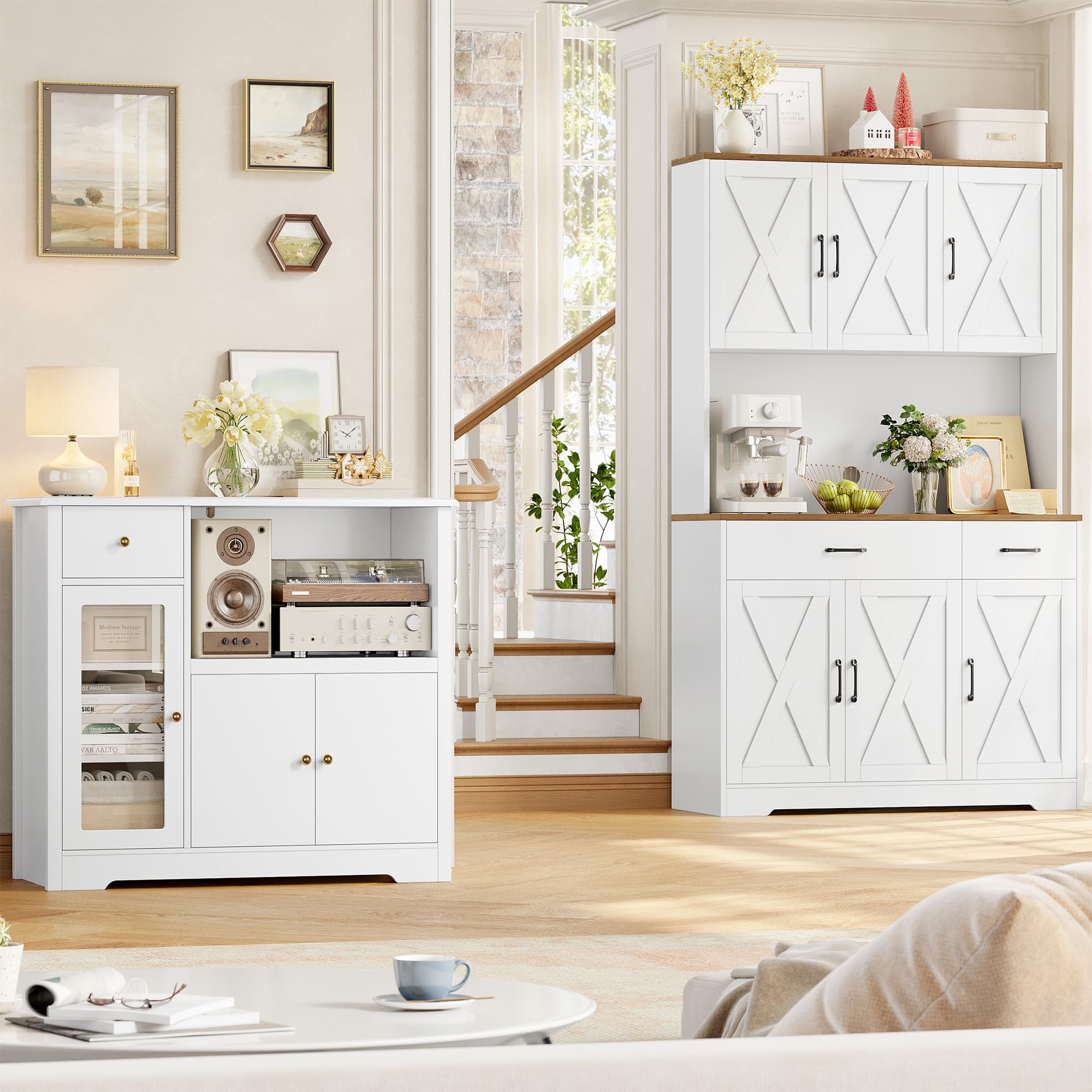 HOCSOK Küchenschrank Set, Buffetschrank mit Steckdosen & Mikrowellenregal, Sideboard Küche mit Acryltür, Hochschrank Vorratsschrank für Kaffeebar, Esszimmer, Wohnzimmer (Weiß)