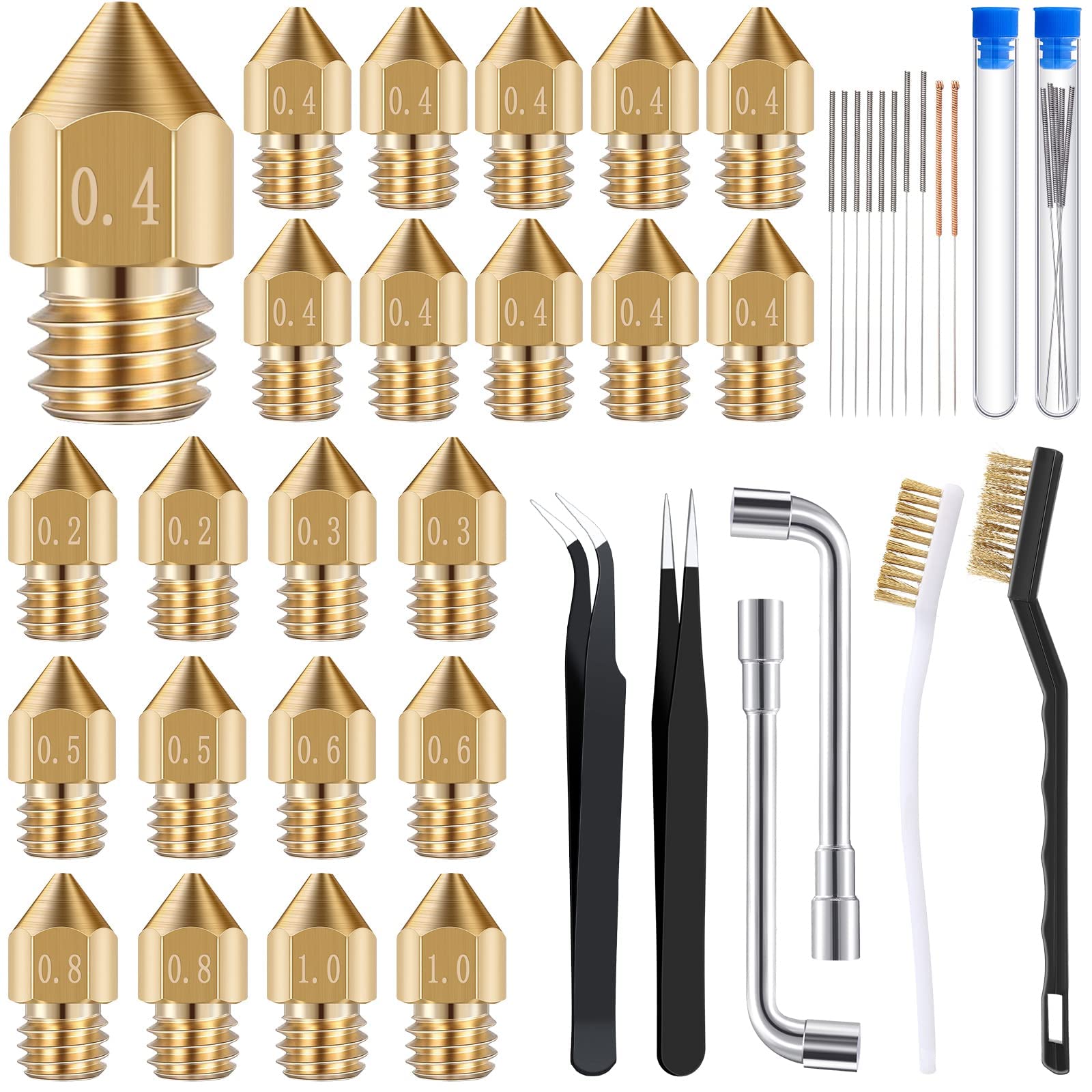 KASTWAVE 3D Printer Nozzle Cleaning Kit Includes 19 Pcs Stainless Steel Needles Cleaner Tools and 23 Pcs MK8 Nozzles Multiple Sizes Compatible with Makerbot Creality CR-10 Ender 3 5