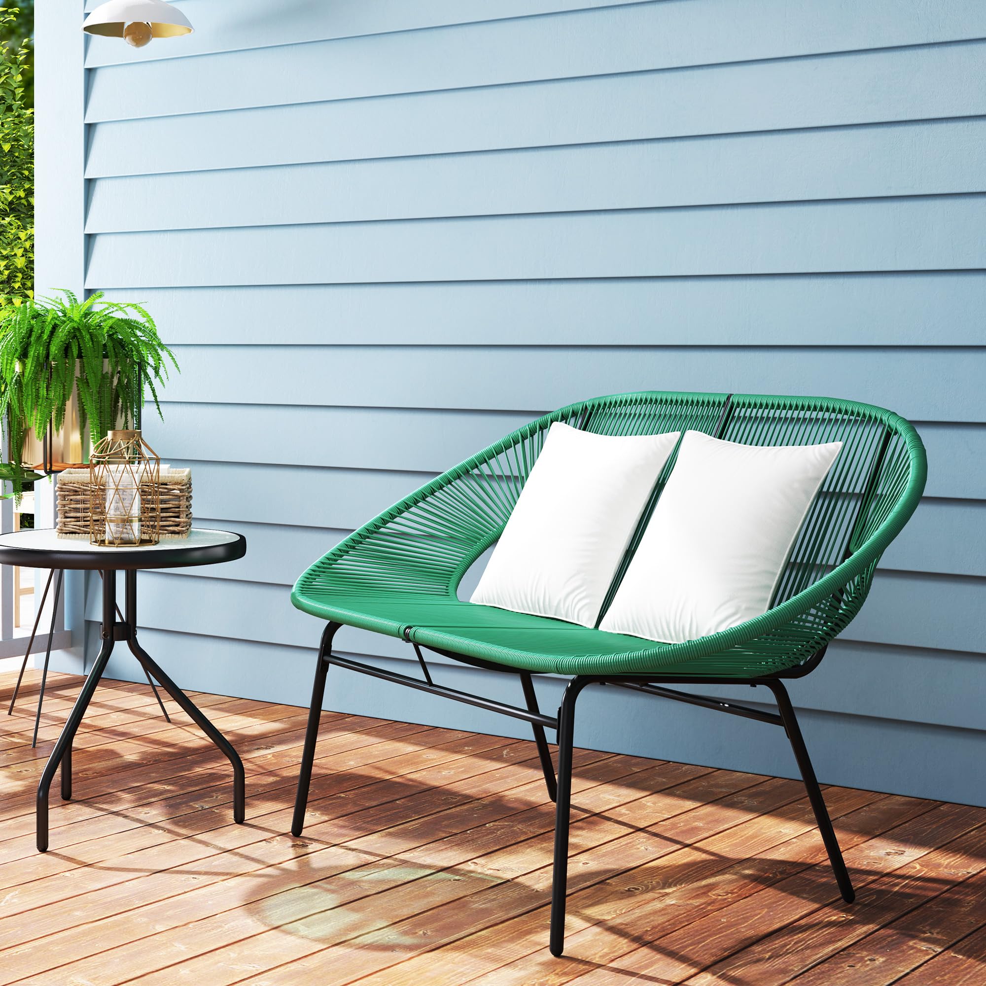 Outsunny Sofá de jardín de 2 plazas en ratán PE, sofá de Exterior con Cojines, reposabrazos y Estructura de Acero, Banco de Exterior, para terraza y Patio, 132 x 72 x 83 cm, Verde Oscuro