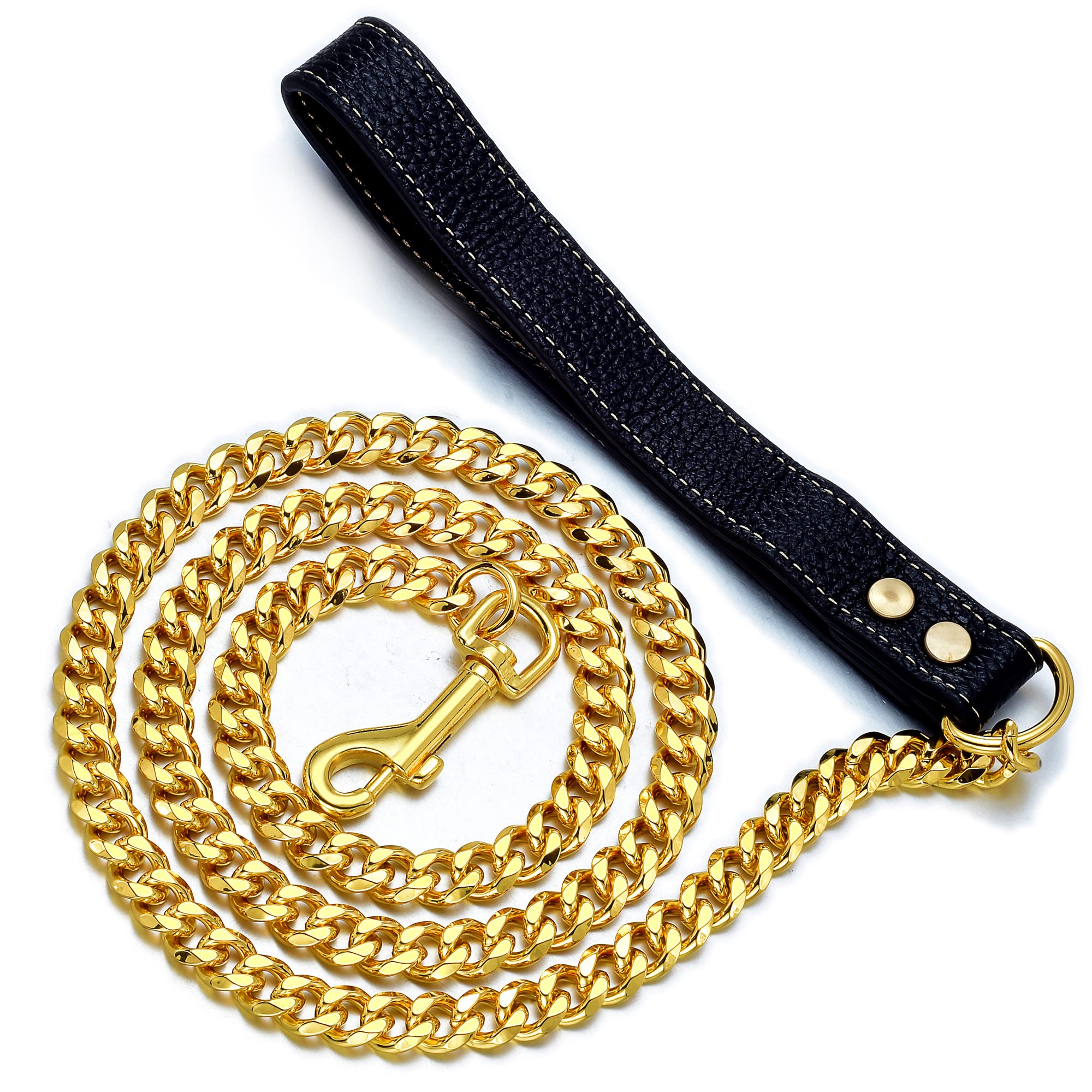 iDofas Gold Dog Chain Leash Width 12MM Gold Stainless Steel Cuban Link Dog Leash with Leather Handle for Dogs Collar Chains(4ft)
