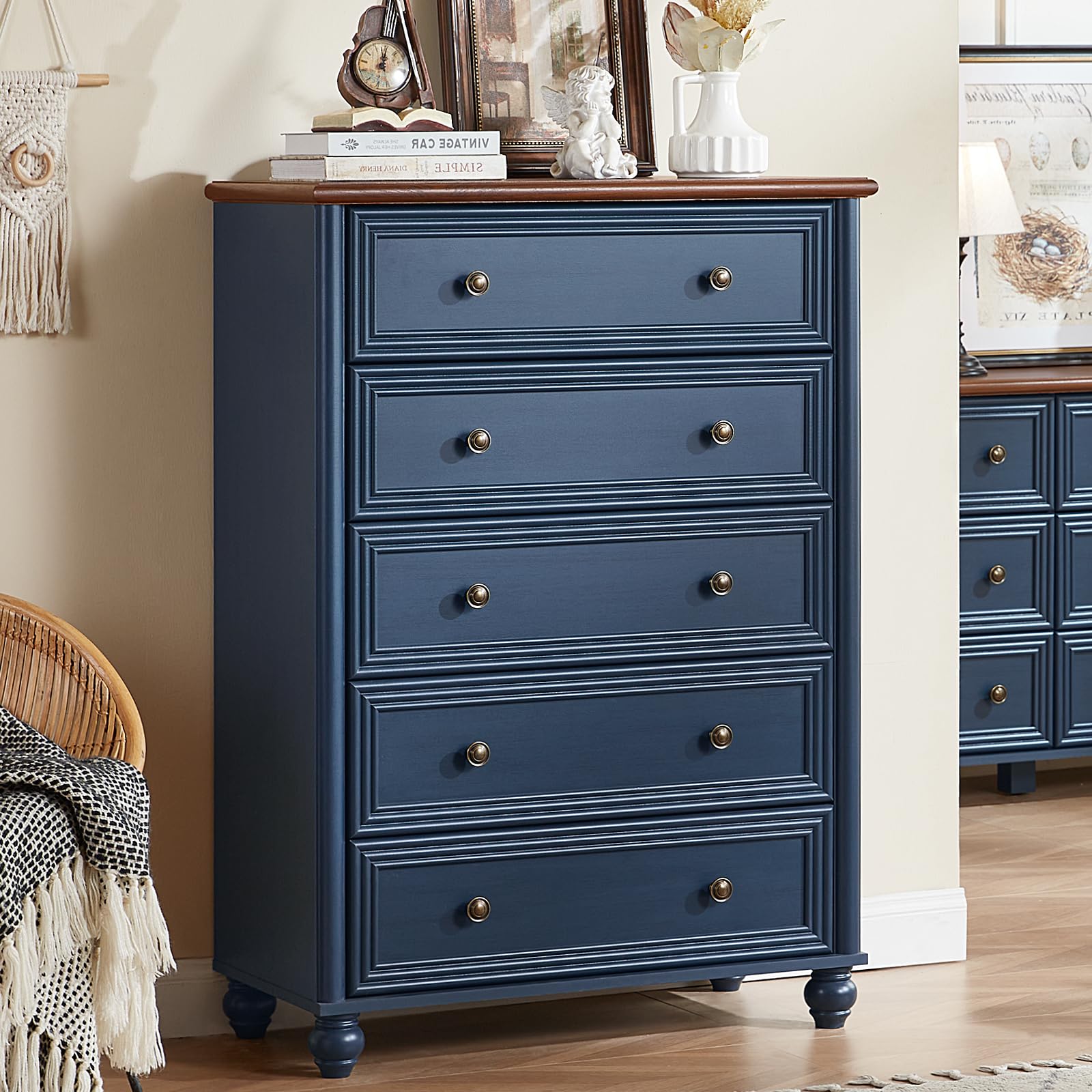 Farmhouse 5 Drawers Dresser for Bedroom, Wood 45" Tall Chest of Drawers, Dresser Rustic Storage Dressers Organizer with Metal Handle Closet for Living Room, Hallway Entryway