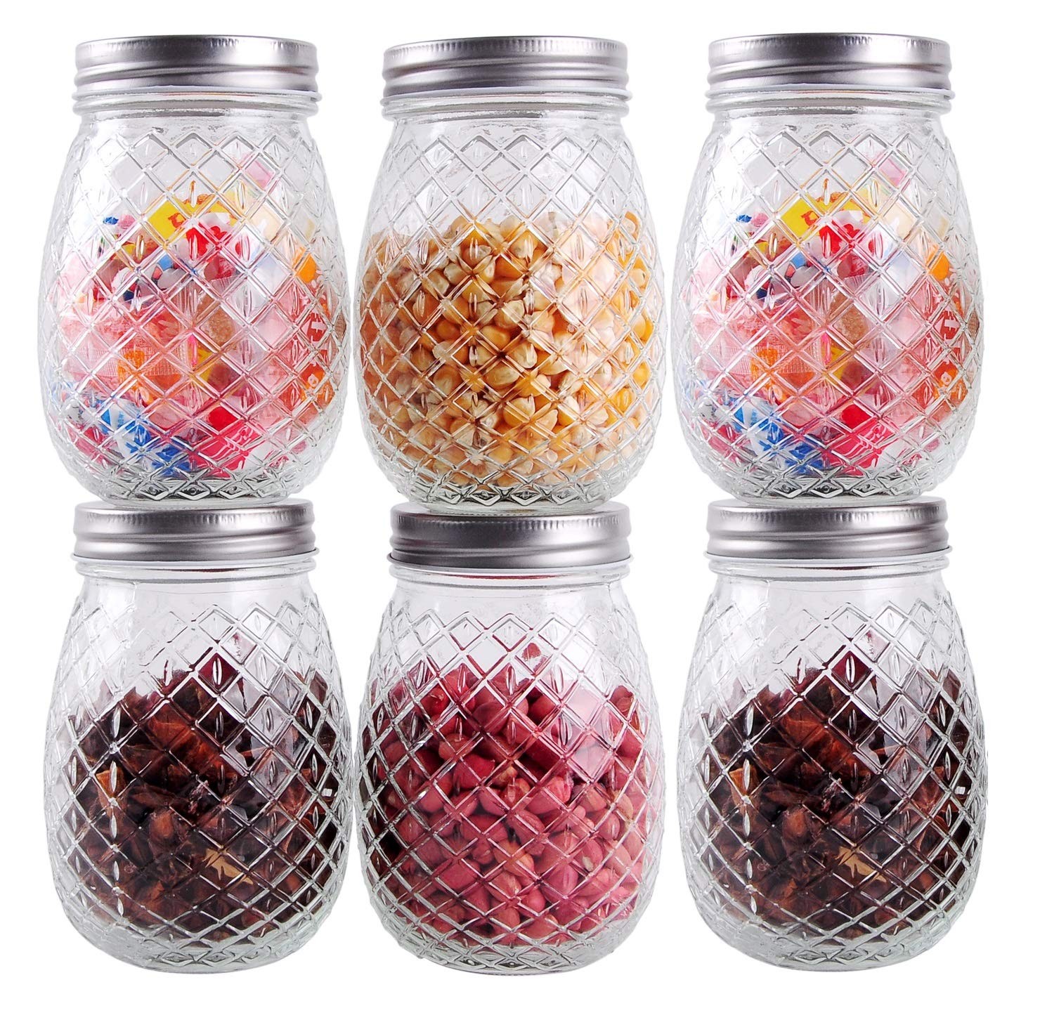 STAR WORK - Pineapple Shape Canning Jars with Lids, Glass Jars Cup for Jam, Honey, Jelly, Craft and Dry Food Storage, Canister, Pint Jars Pack of (6) Container