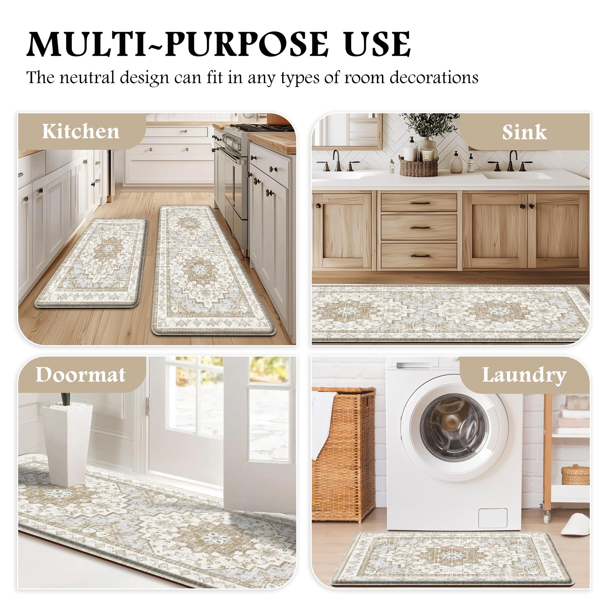 Boho Kitchen Mats - Beige Tan, Anti-Fatigue Rugs -6 Boho Kitchen Mats - Beige Tan, Anti-Fatigue Rugs -6