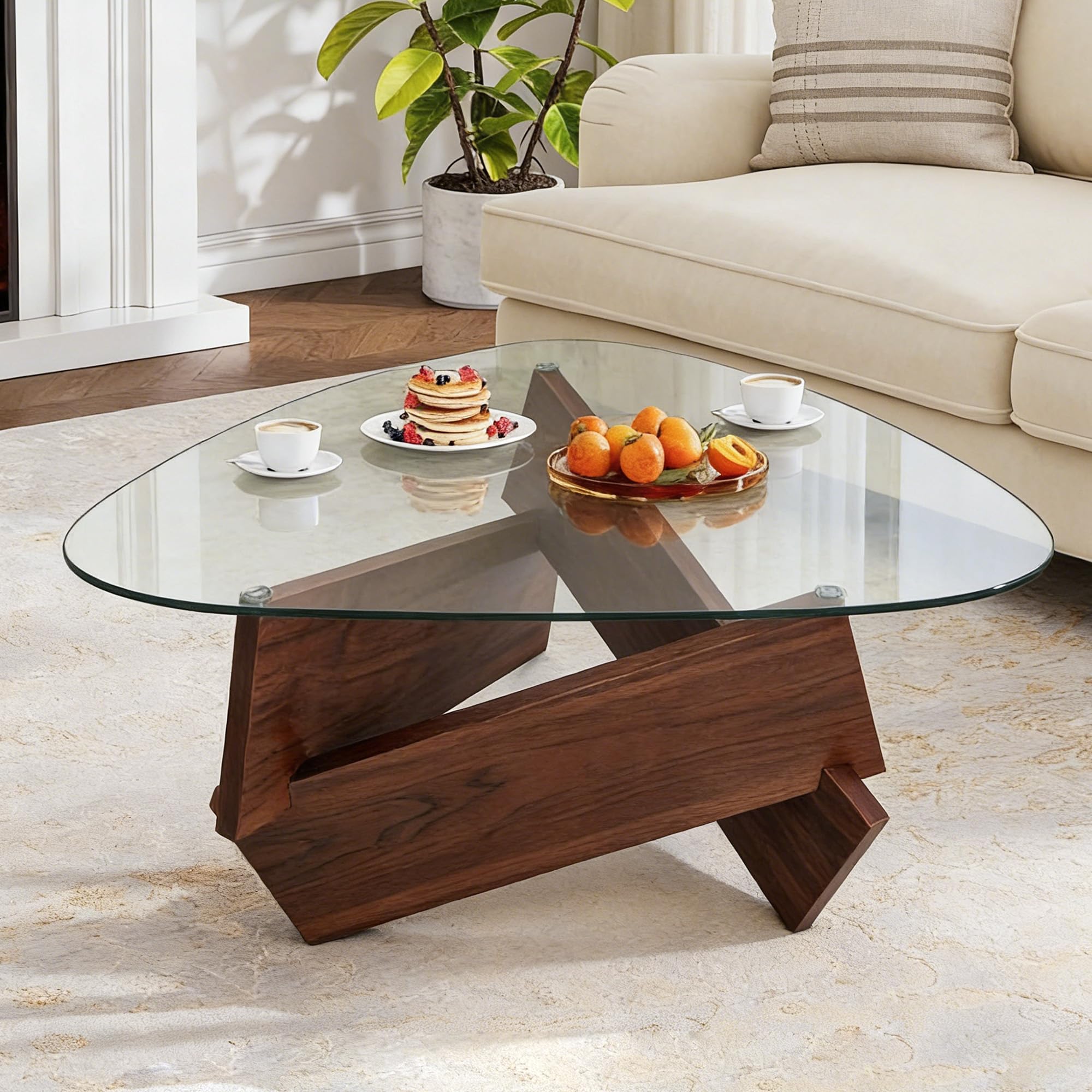 Couchtisch Modern, 90cm Kleiner Wohnzimmertisch mit Holz Beine & Dreieck Transparent Hartglas, Landhausstil Beistelltisch für Wohnzimmer, Apartment & kleine Räume, Deko