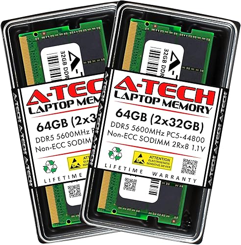 A-Tech Kit de 64 GB (2 x 32 GB) DDR5 5600 MHz PC5-44800 CL46 SODIMM 2Rx8 Dual Rank 1.1V Non-ECC Unbuffered SO-DIMM 262-Pin Computadora portátil