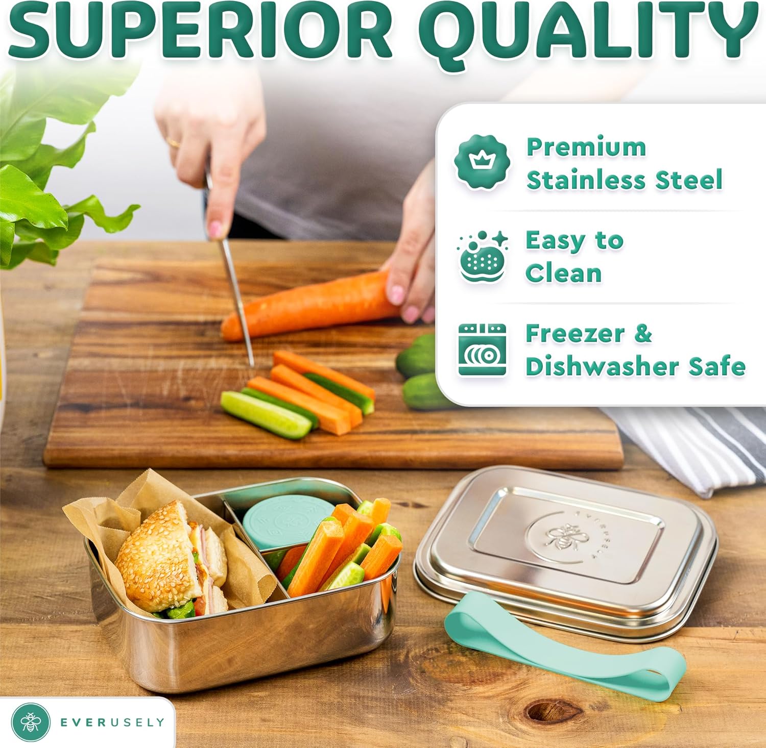 Everusely - Bento Box - Green, 27oz / 0.8 L - Stainless Steel Lunch Box with Leakproof Condiment Container - 3 Compartment Snack Organizer for On the Go Meals - Freezer & Dishwasher Safe - Image 6