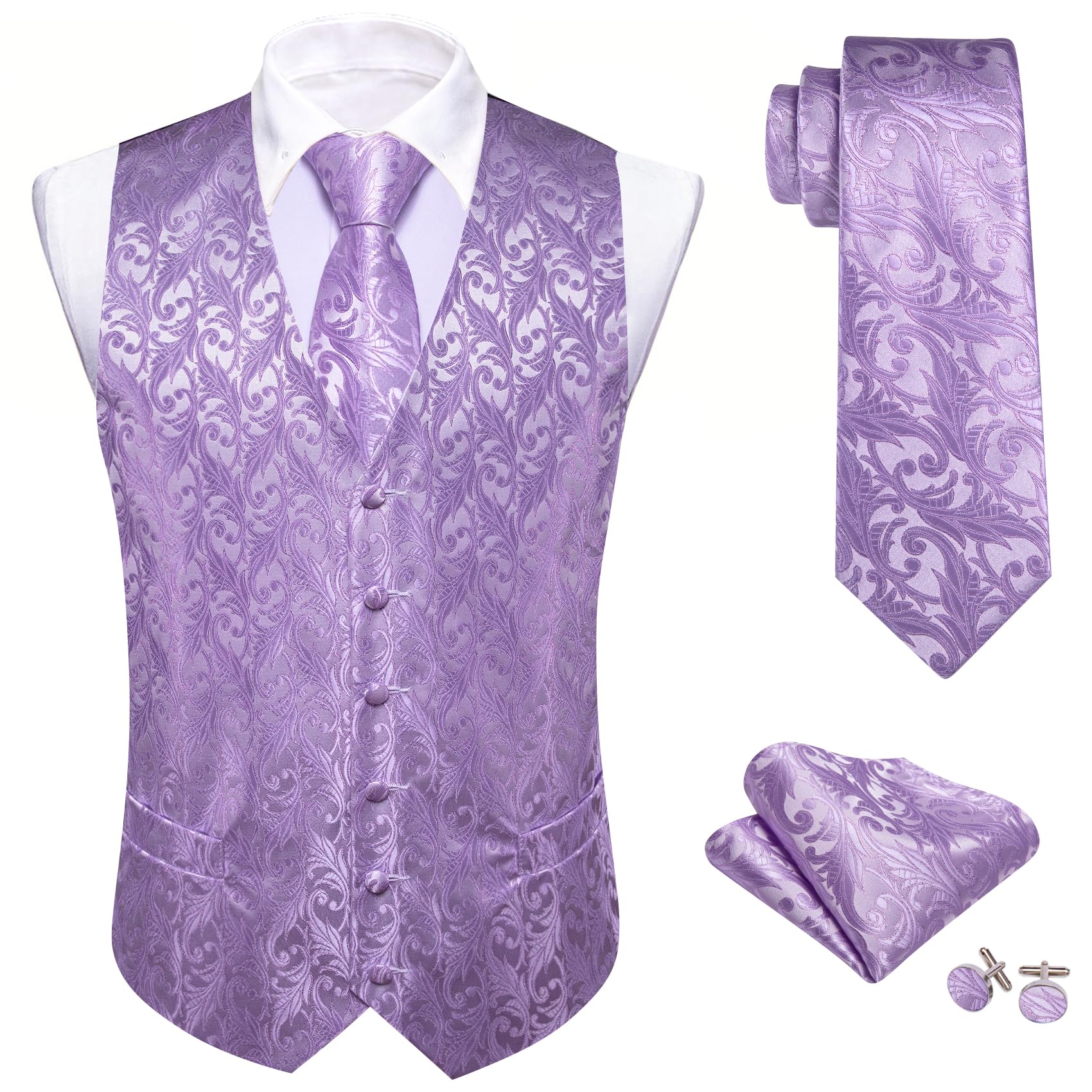 Barry.Wang Mens Suit Vest Paisley/Flower Silk Jacquard Waistcoat Ties Set Formal/Leisure 5PCS
