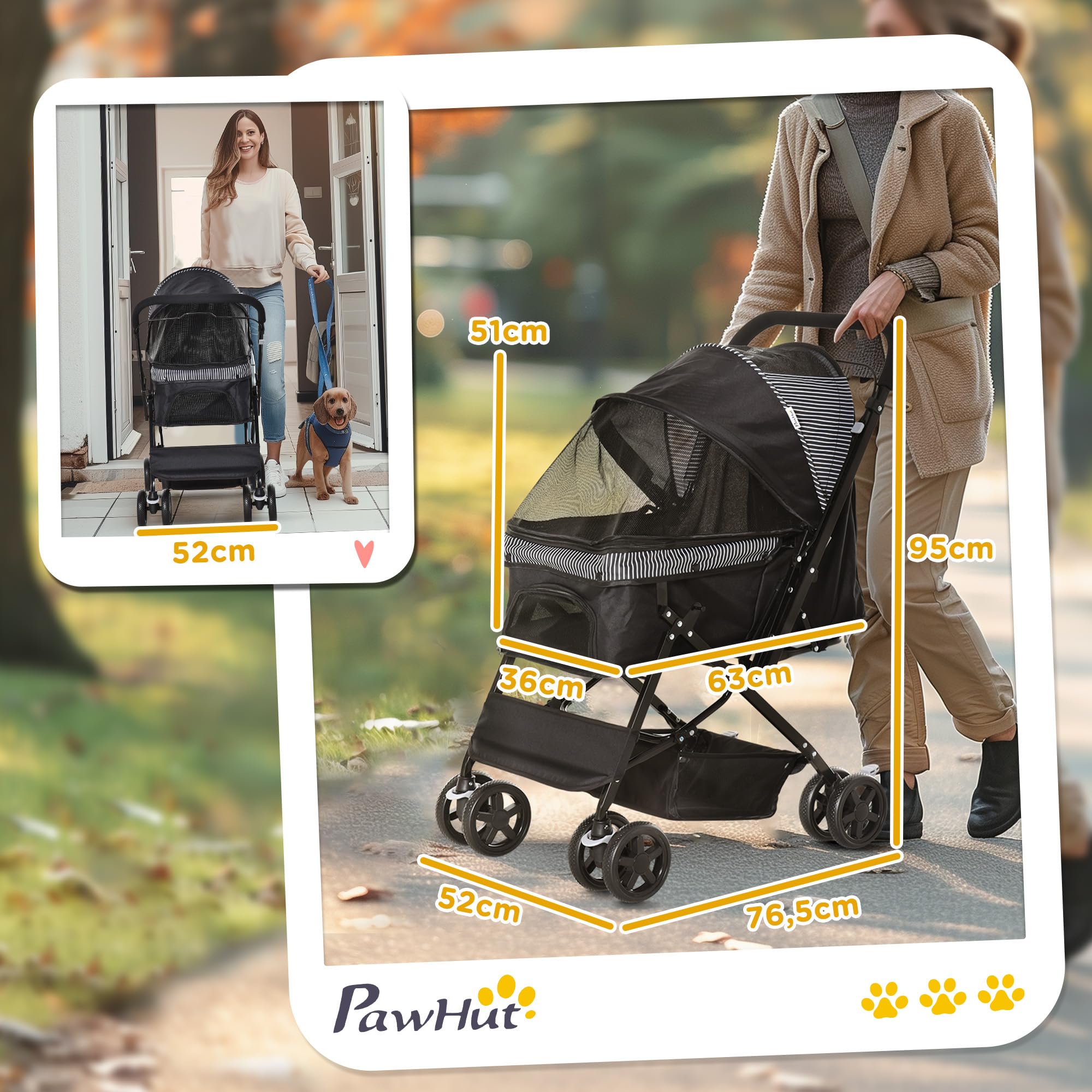 PawHut Cochecito para perros y gatos pequeños, color negro, 76,5 x 52 x 95 cm | Carrito para perros, carrito para mascotas, carrito para mascotas, carrito para gatos, Oxford