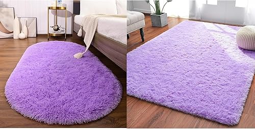 Softlife Juego de 2 alfombras moradas, rectangulares de 4 x 5.3 pies y ovaladas de 2.6 x 5.3 pies, alfombras de área para dormitorio, sala de estar,