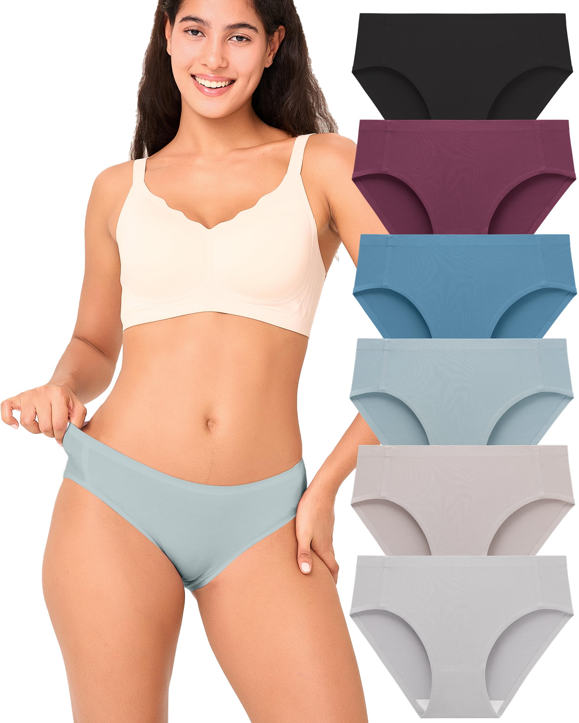 BAMBOO COOL Women's No Show Bikini Seamless Underwear for Women Low Waisted Non-marking Stretch Panties Full Coverage，6 Pack