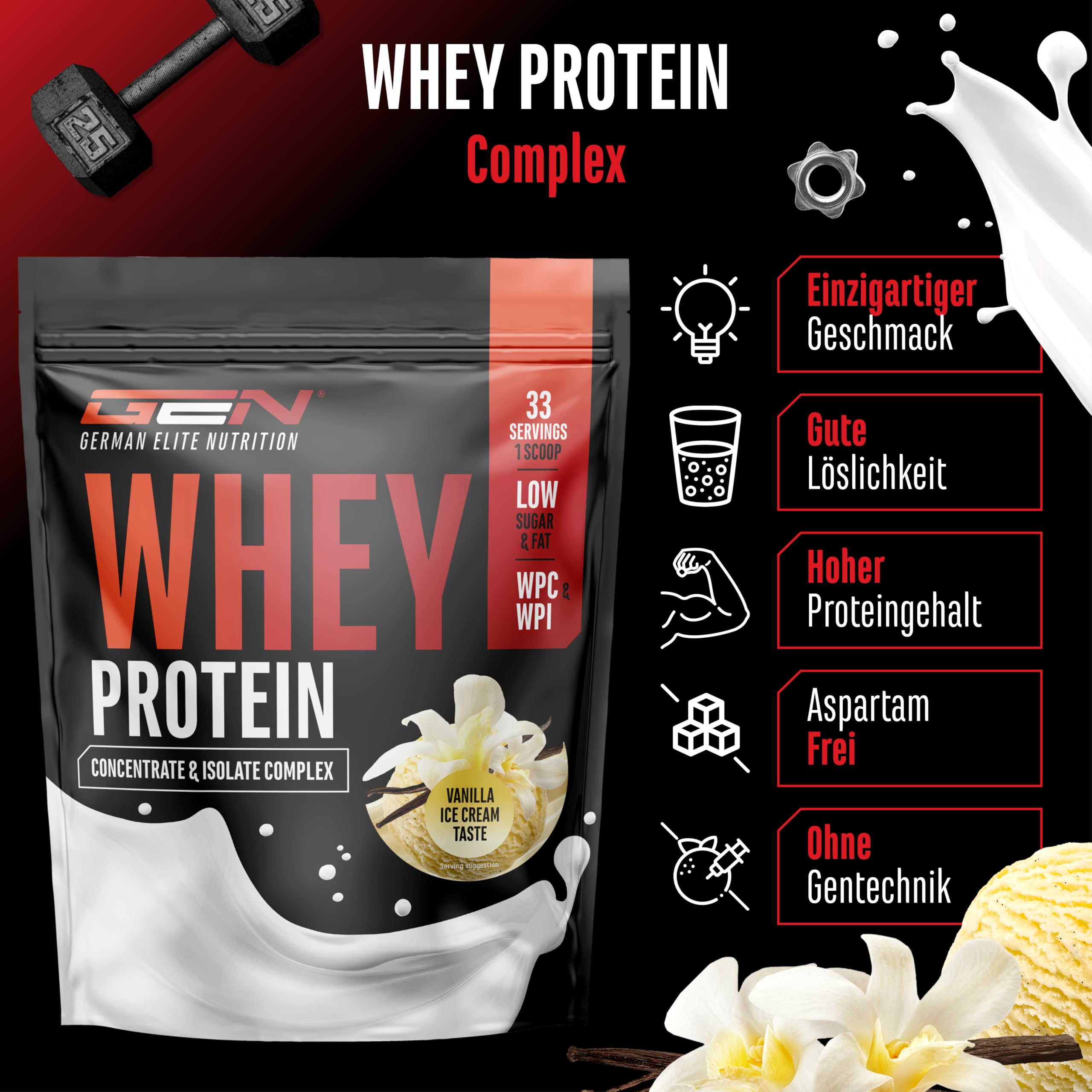 GEN GERMAN ELITE NUTRITION Whey Protein Pulver - 1000 g - Whey Isolat | Vanille Ice Cream Geschmack, instant lösliches Eiweiß Protein Pulver, mit BCAA & EAA - bis zu 22 g Protein pro Portion