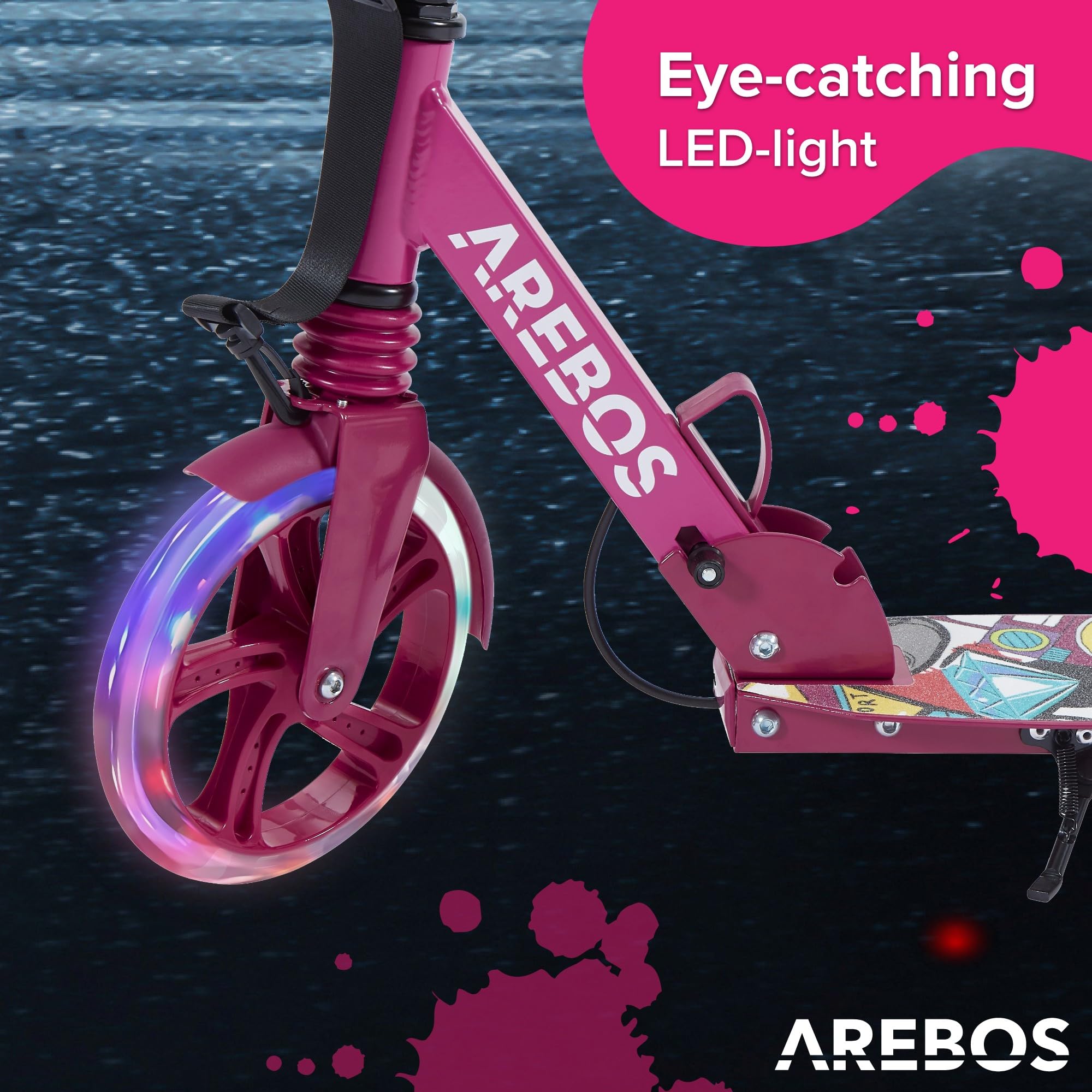 Arebos Trottinette Rose réglable en Hauteur | Pliable | Sangle de Transport Incluse | Roues LED | Frein à pédale Manuel | Suspension Avant-arrière | Enfants & Adultes | Charge maximale 100kg