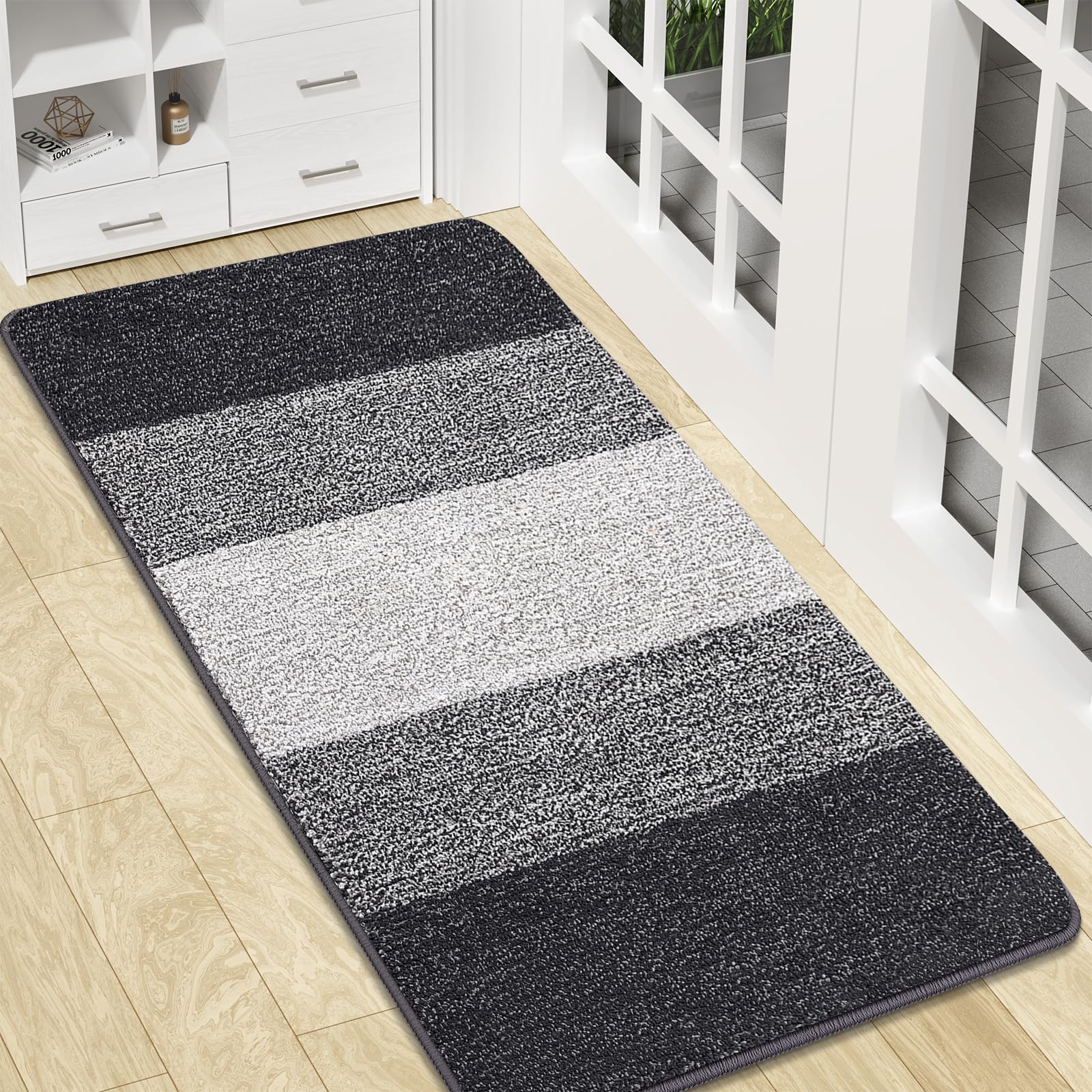 Kitinjoy Indoor Outdoor Door Mat, 47x20 Non-Slip Absorbent Dirt Trapper, Low-Profile Washable Inside Entrance Front Floor Mat, Sturdy Soft Entry