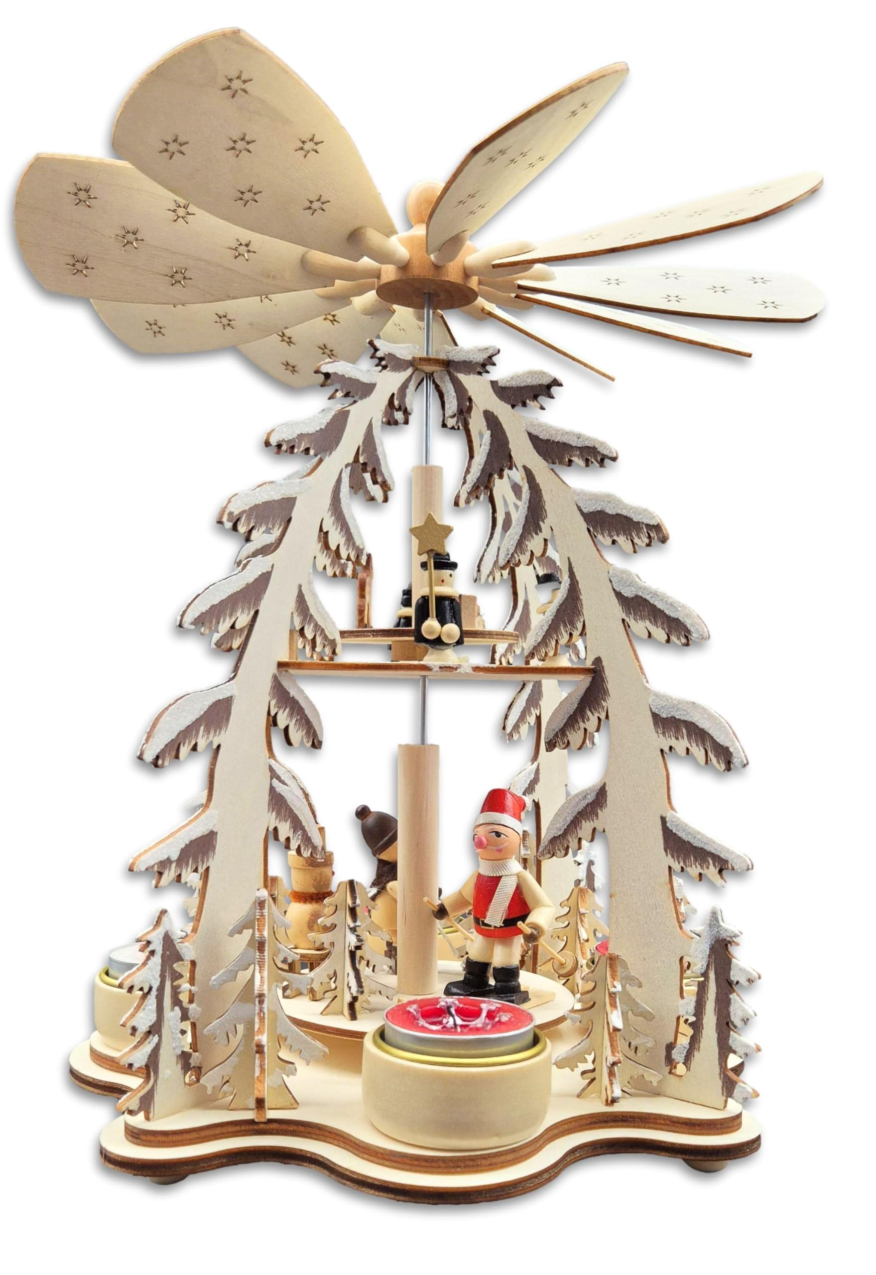 Wichtelstube-Kollektion XL Weihnachtspyramide Skifahrer und Sternensinger, Pyramide für Teelichter Weihnachten Weihnachtsdeko Holz mehrere Ebenen 30cm groß