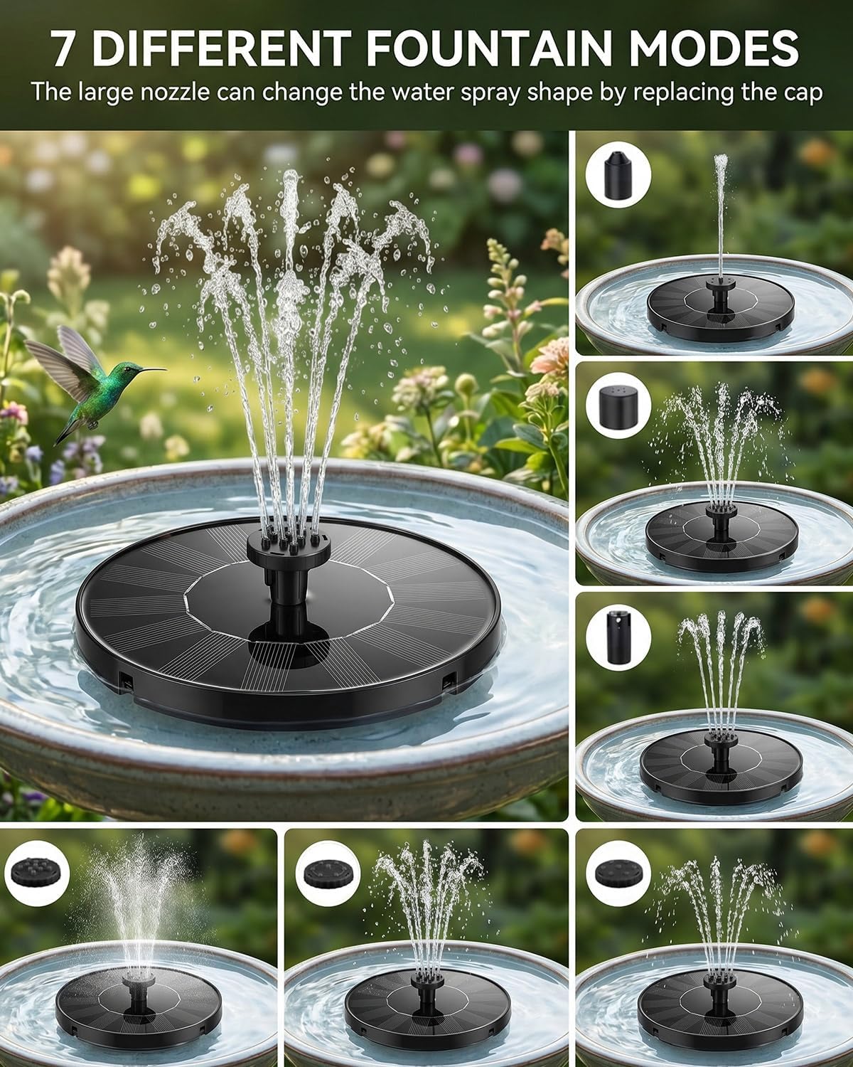 Solar Fountain for Bird Bath, 2026 Upgrade 1.4W Solar Power Water Fountain Pump with 7 Nozzles, Free Standing Floating Powered Fountains for Garden, Pond, Pool, Birdbath (6.3 inch)
