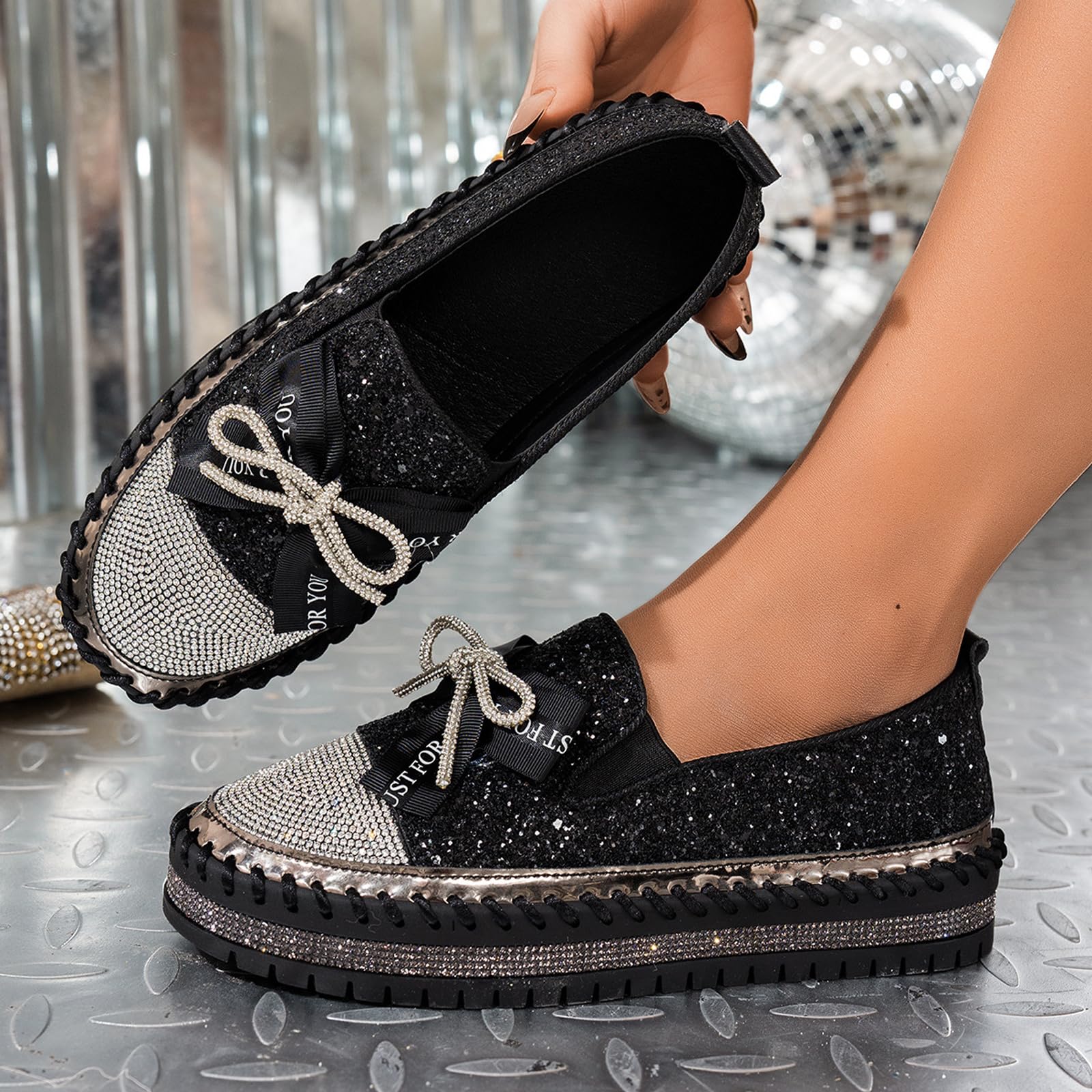 Zapatos casuales cómodos de moda con diamantes de imitación brillantes para mujer, zapatos de moda para mujer, con lazo decorado con lazo, zapatos planos casuales