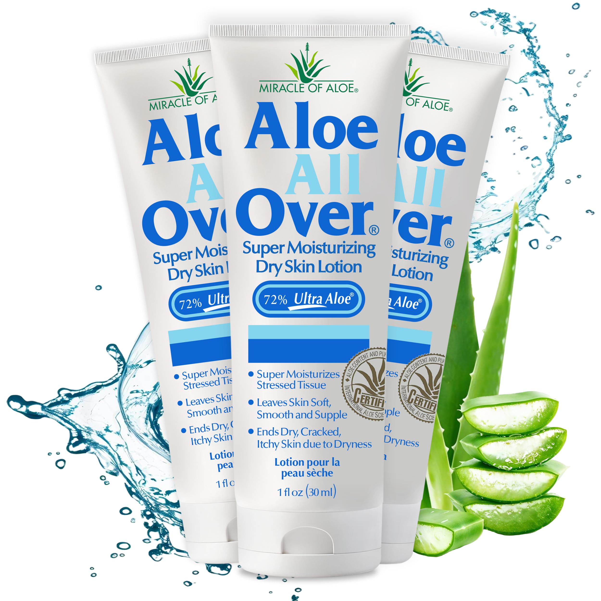 Miracle of Aloe Aloe All Over Super Moisturizing Dry Skin Lotion (3-Pack, 1 oz) - Made with 72% UltraAloe Aloe Vera Gel. Safe for Everyone: Men, Women